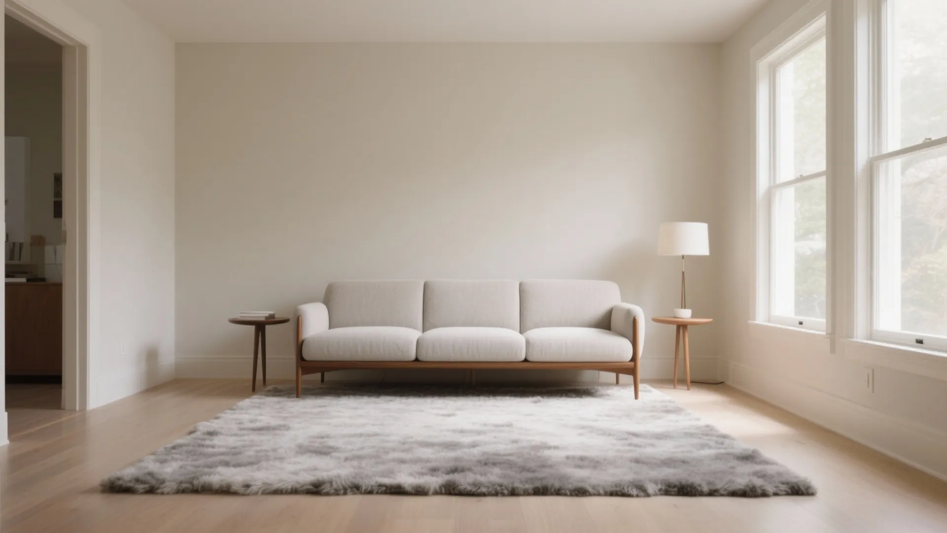 Minimalist living room with grey wool rug, cream sofa, side table, lamp, and natural light