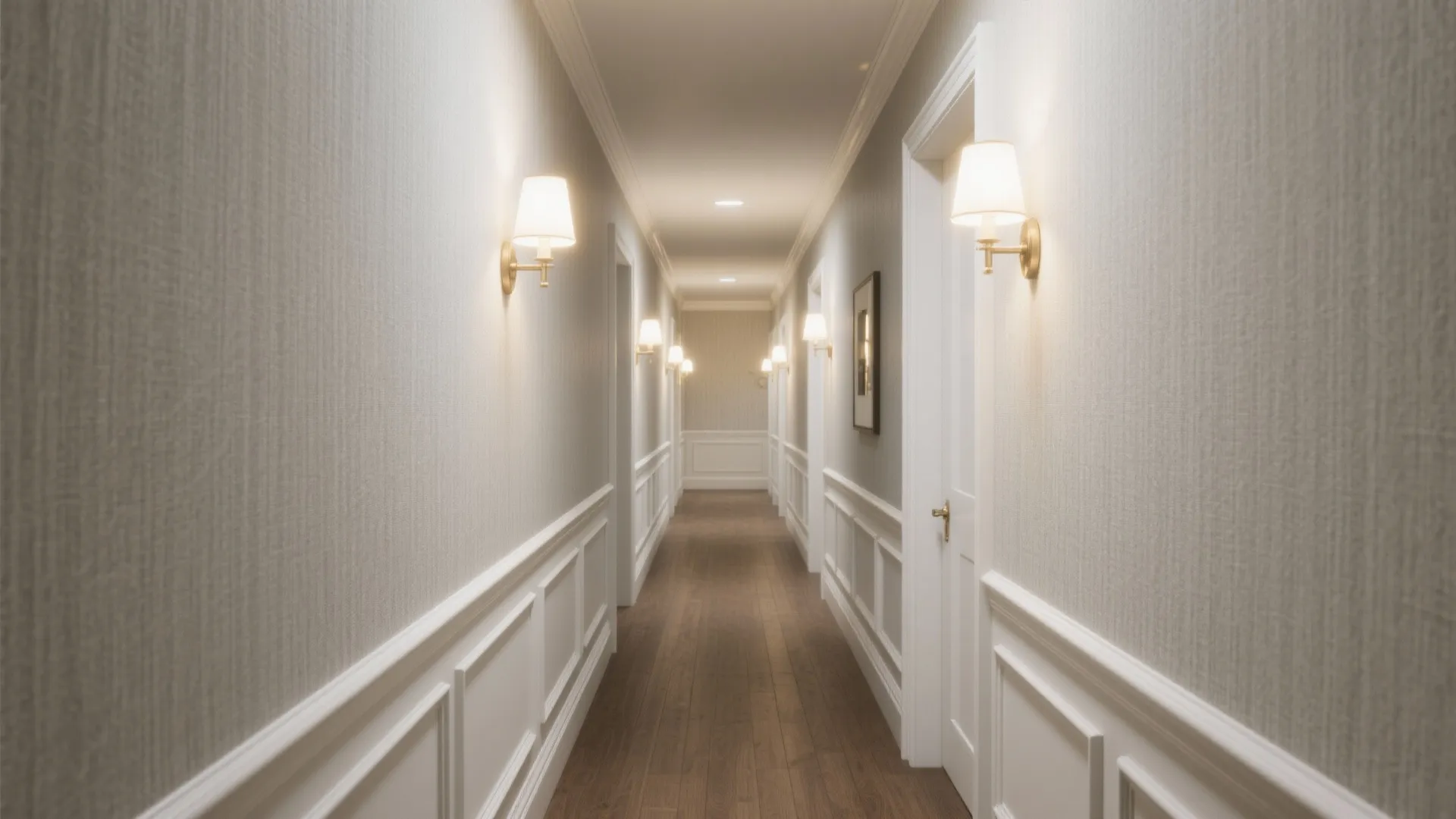 Long hallway with wooden floor plus grey wallpaper and white wall panels featuring many wall lights