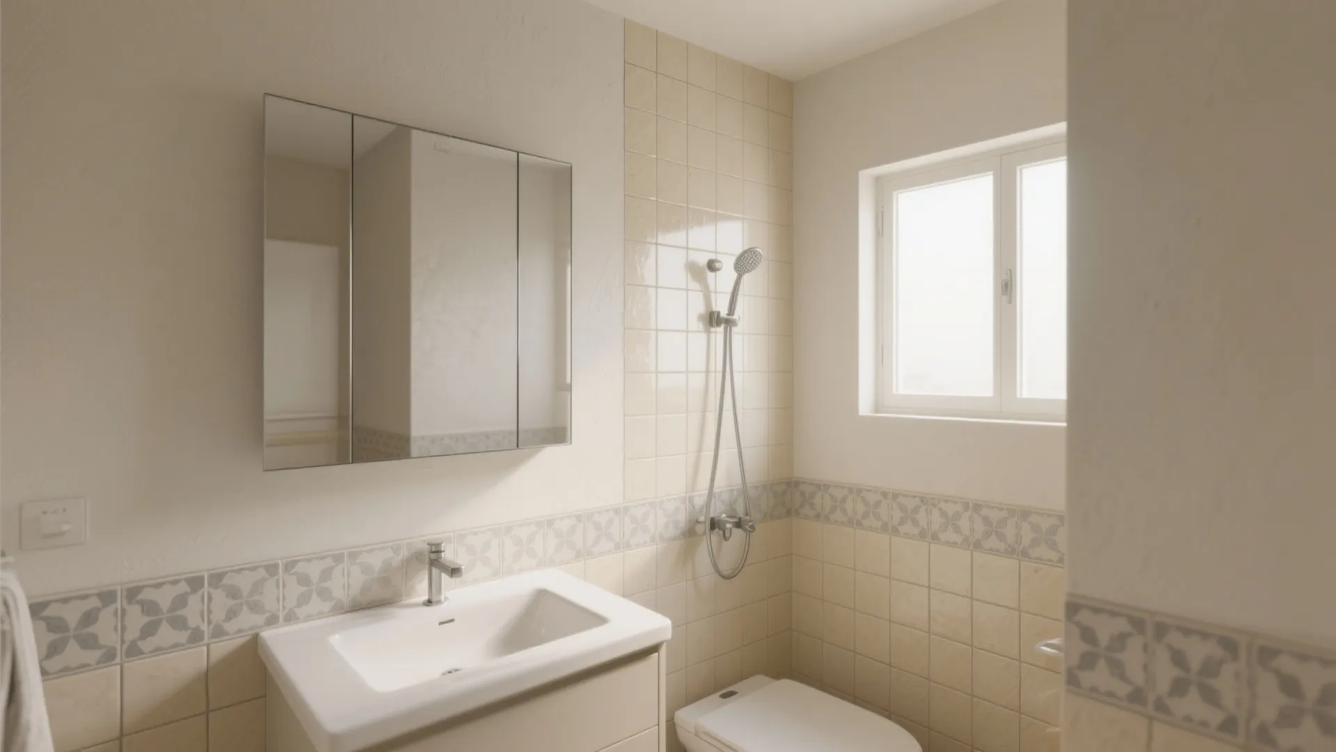 Neutral cream zellige shower with soft gray grout and a frameless mirror brightening a compact modern Moroccan bathroom.