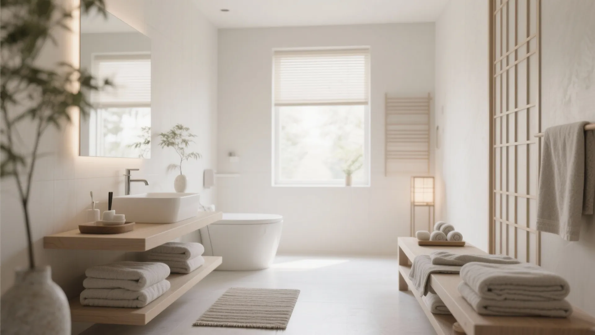 Bright minimal bathroom with white walls wooden shelves folded towels large window and clean room layout