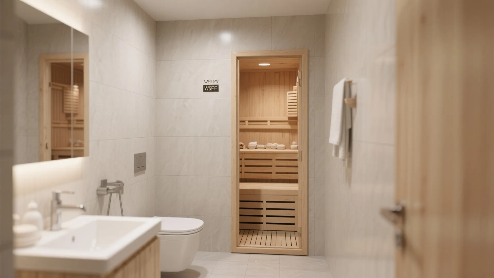Neutral tone bathroom with sauna blending into walls