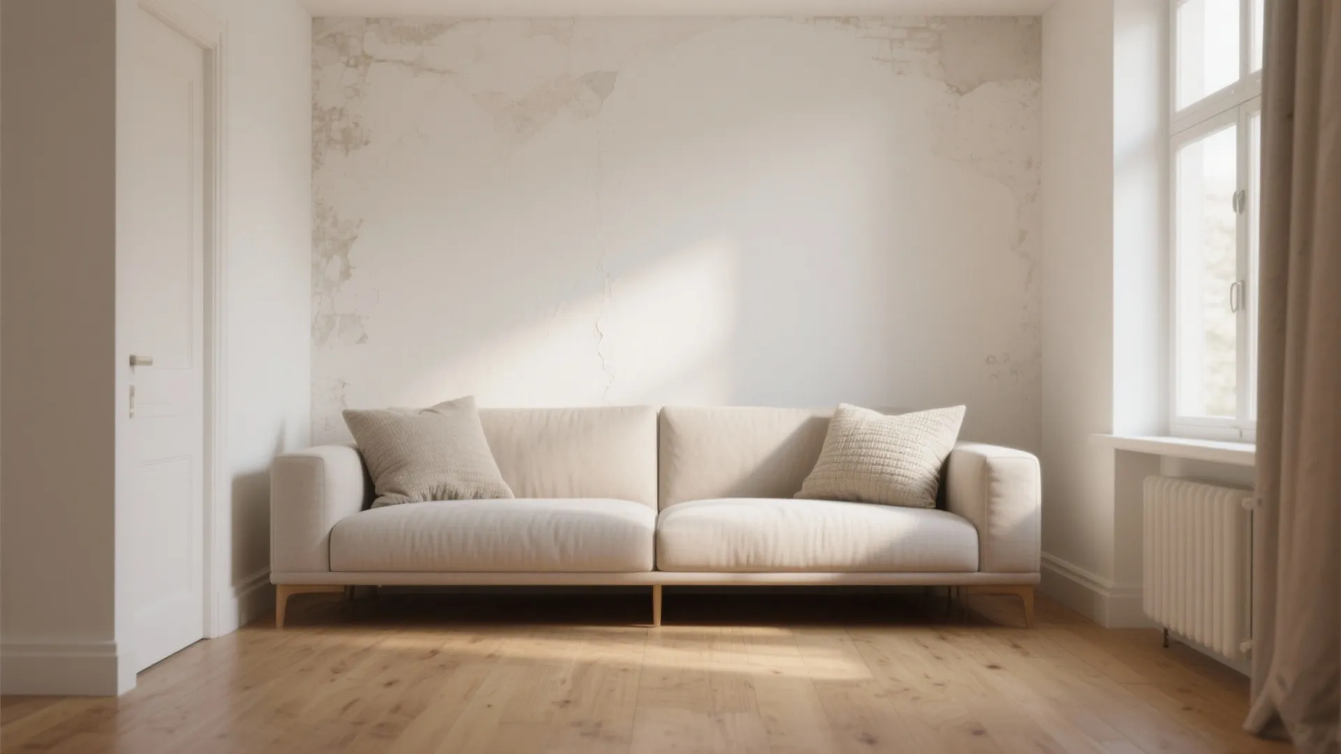 Modern minimal living room with beige sofa wood floor white walls and bright natural light