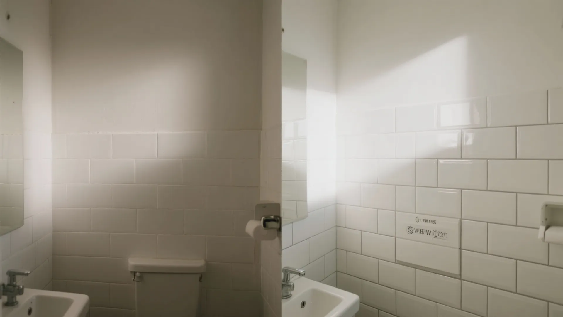 Before and after comparison showing bathroom renovation with white wall tiles, small sink, and toilet