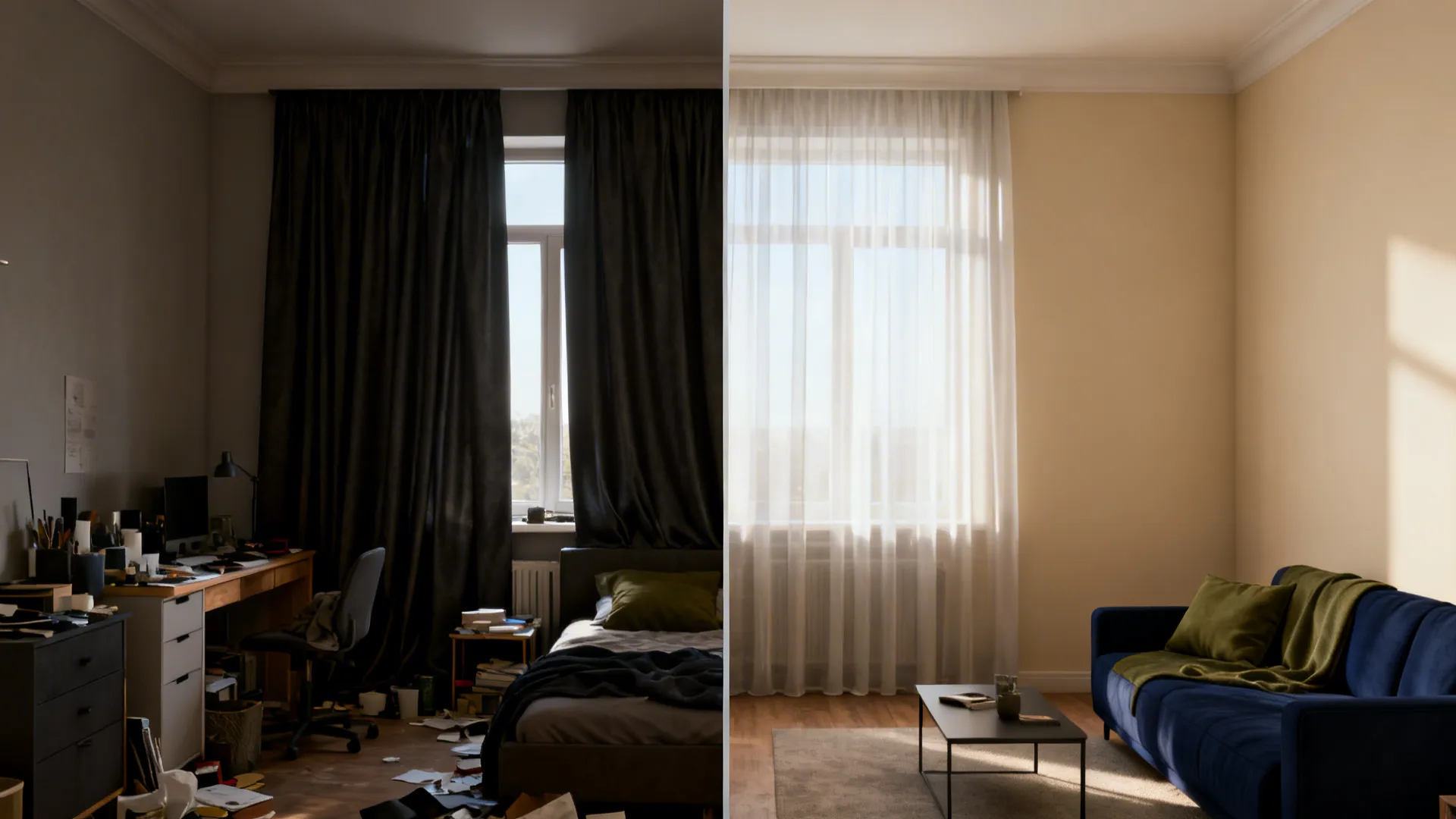 Before-and-after of a studio: heavy drapes vs sheer curtains with olive and navy accents on a light neutral background.