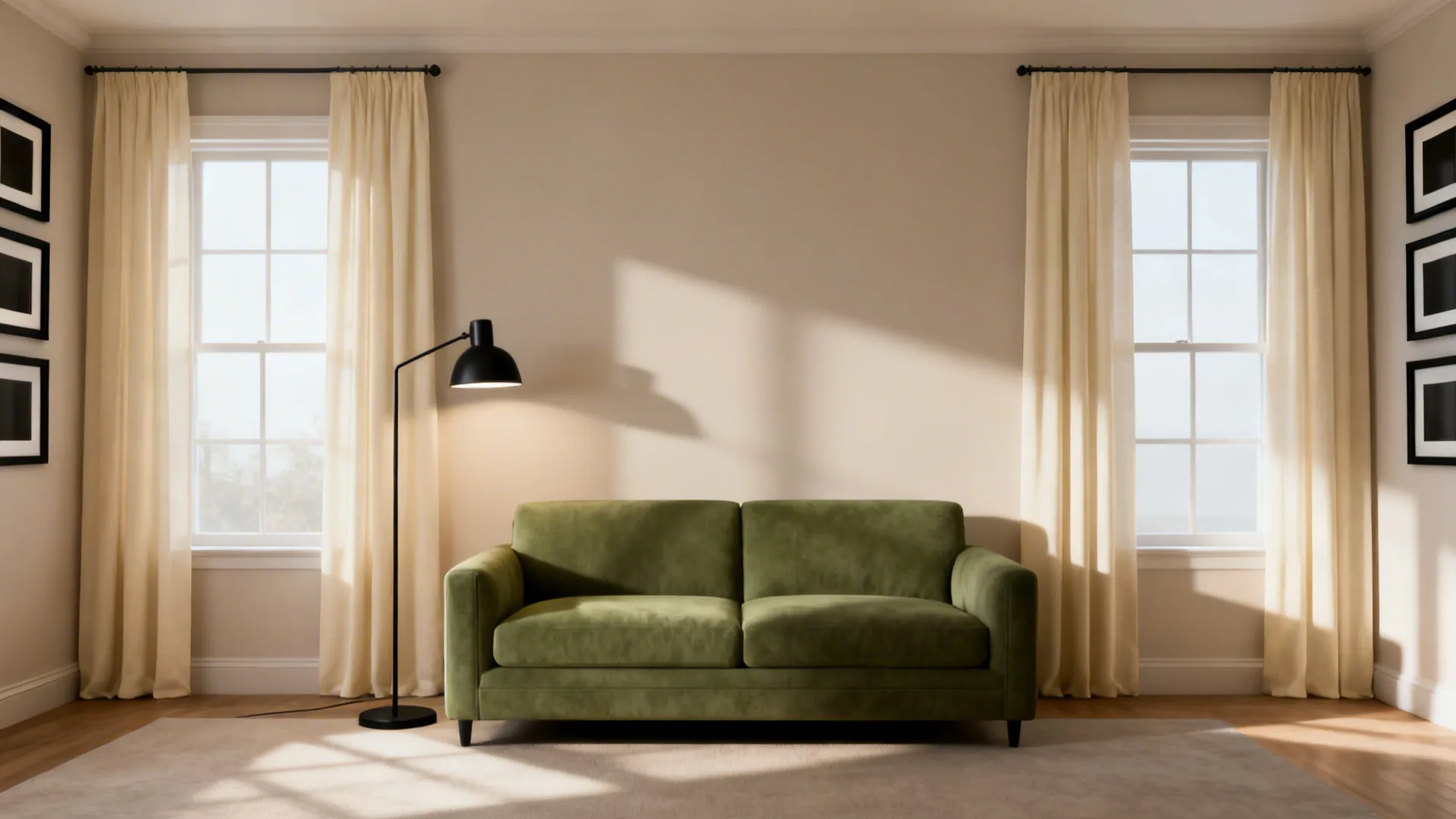 Sage couch against neutral walls with cream curtains and a matte black floor lamp.