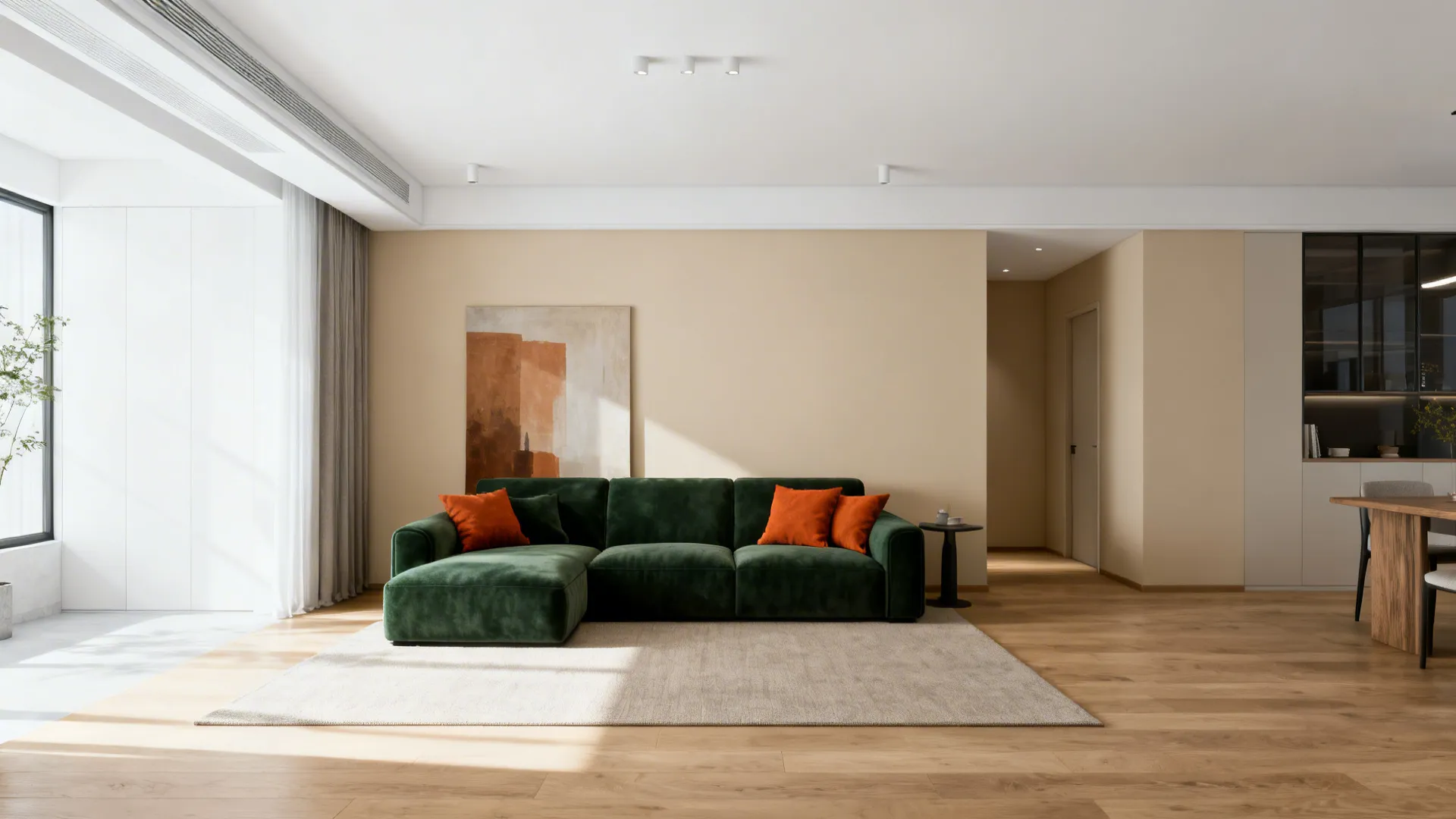 Neutral ceiling and light wood floor balancing a dark green sofa and burnt orange accents.