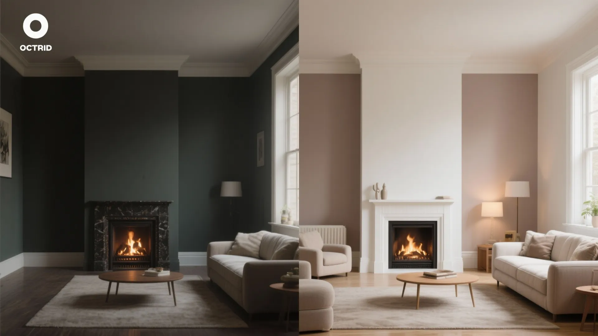 Before-and-after comparison showing a small room with a dark hearth and after with a light heat-safe neutral hearth expanding the space.
