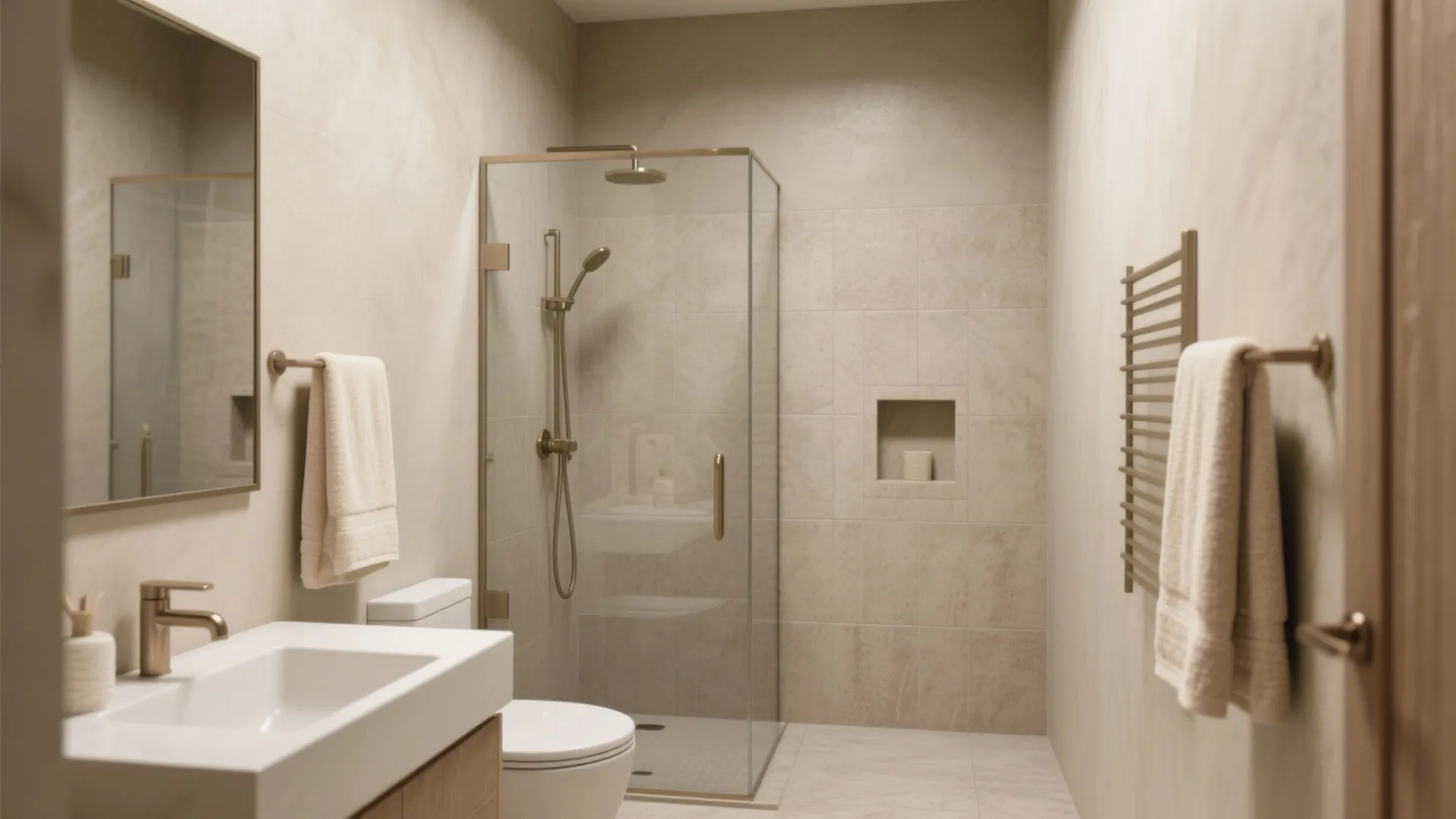 Warm neutral bathroom design with glass shower door white sink wooden cabinet and gold fixtures