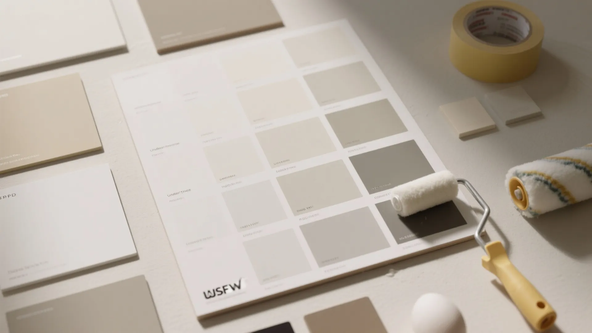 Neutral paint color samples on table with paint roller masking tape and home renovation tools shown