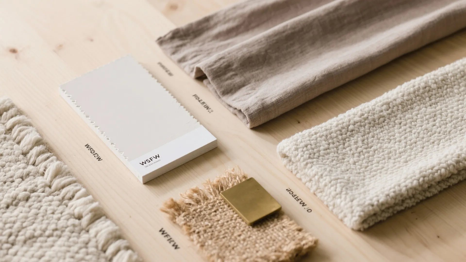 Close up of interior design fabric samples on wood including white beige and textured materials