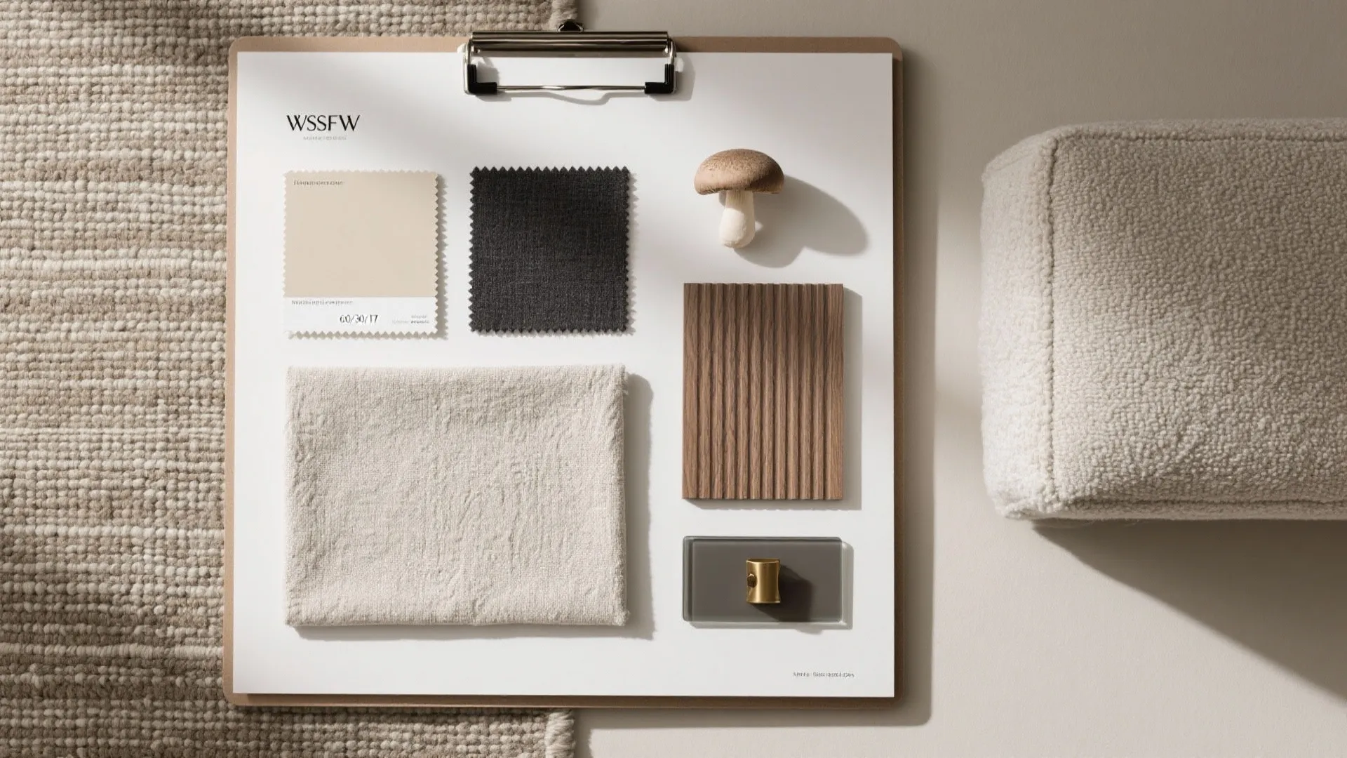 Interior design mood board with fabric swatches wood panel sample and small footrest on rug