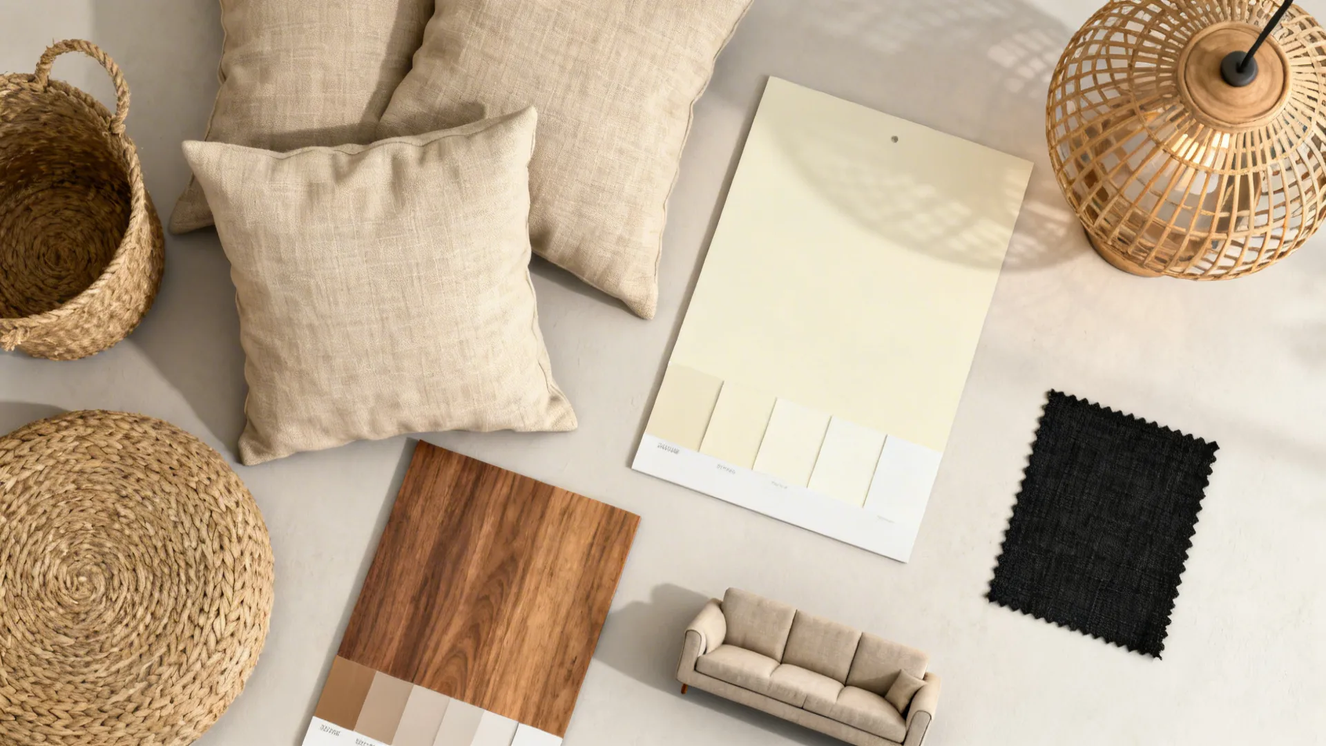 Top-down flatlay of linen cushions, jute, rattan and paint swatches for styling a black sofa.