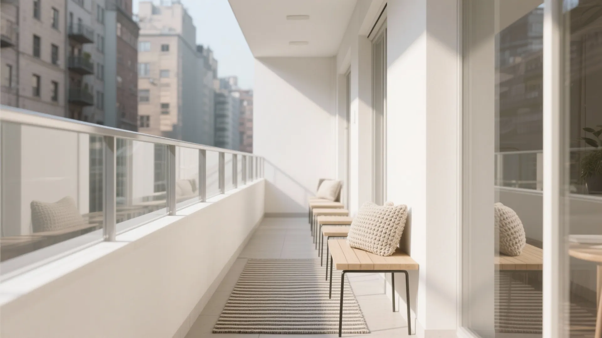 Soft Neutrals and Glass to Visually “Widen” the Balcony