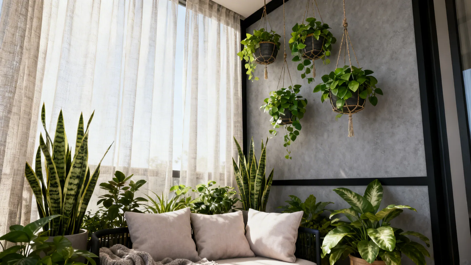 Sheer curtains, pale cushions and hanging plants soften grey walls with black trim.