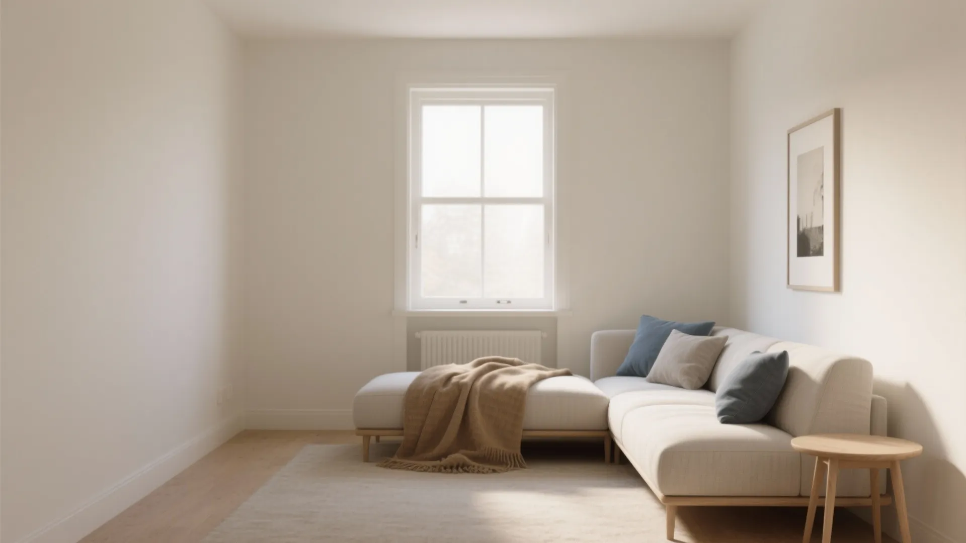 Minimalist living room with white sofa, brown blanket, wooden side table, large window, and painting