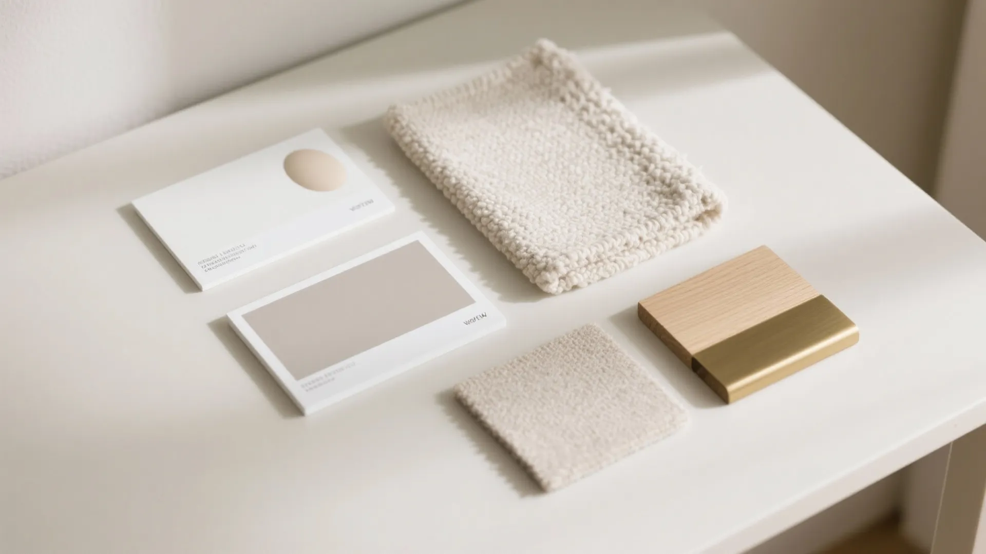 Interior design mood board with fabric samples wood block and neutral color paint swatch cards