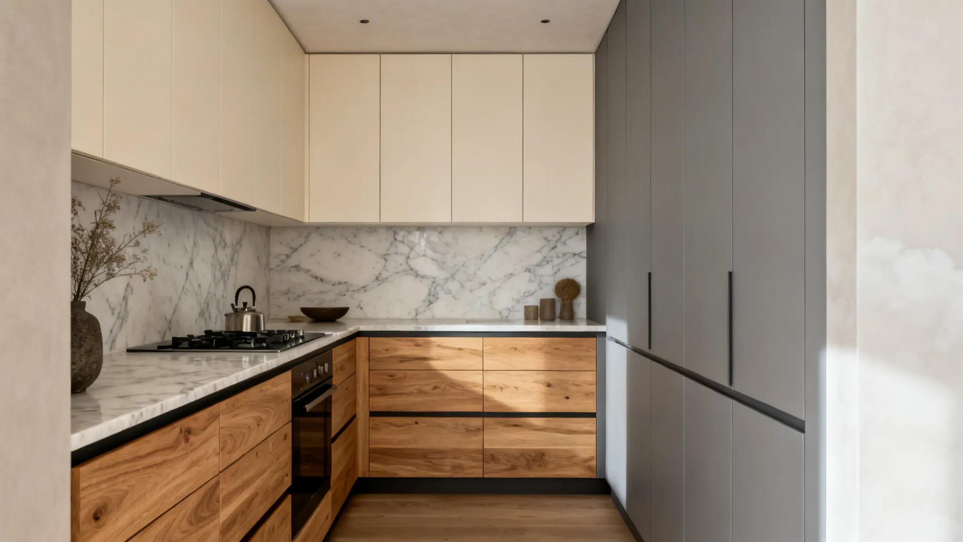 Ecru uppers and rift-cut oak lowers create a calm, high-contrast small kitchen.