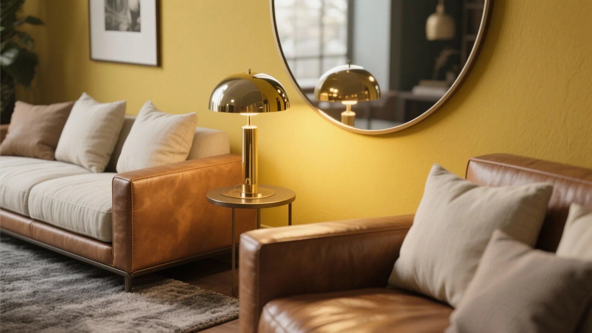 Modern interior featuring brown leather sofa gold table lamp round mirror and bright yellow wall paint