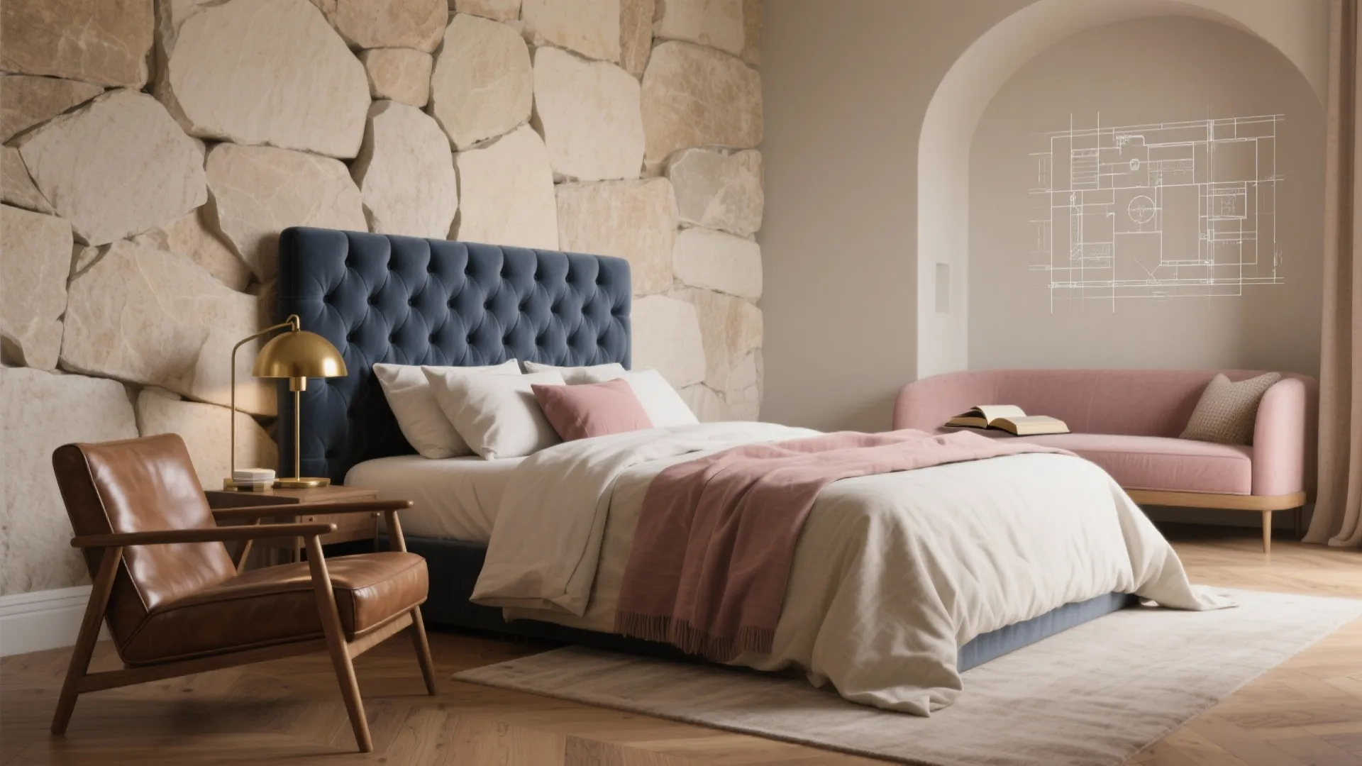 Modern bedroom featuring a stone wall, blue bed, pink sofa, leather chair, and gold lamp