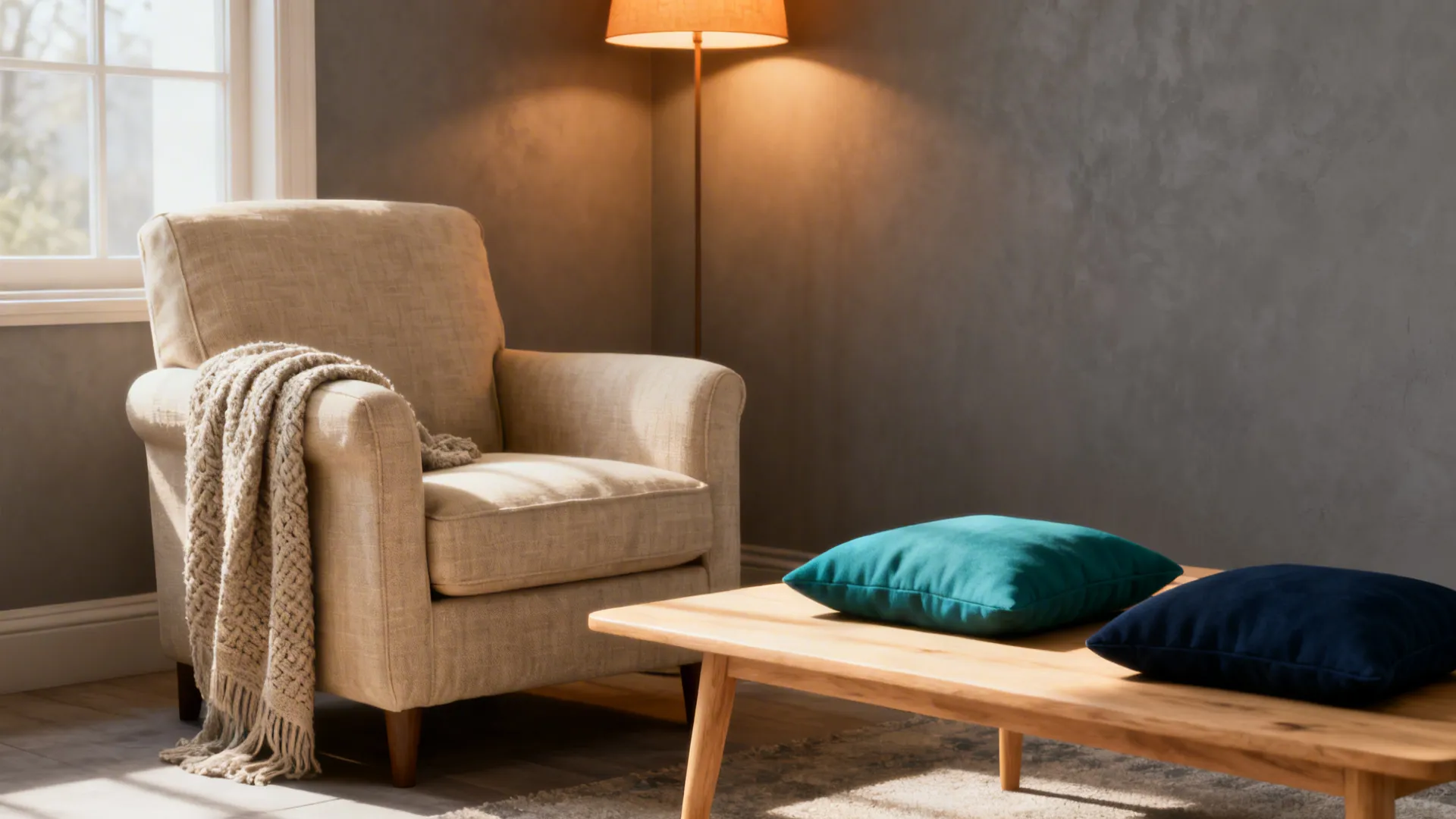 Vignette with warm neutrals, beige linen, light oak table and teal and navy accents