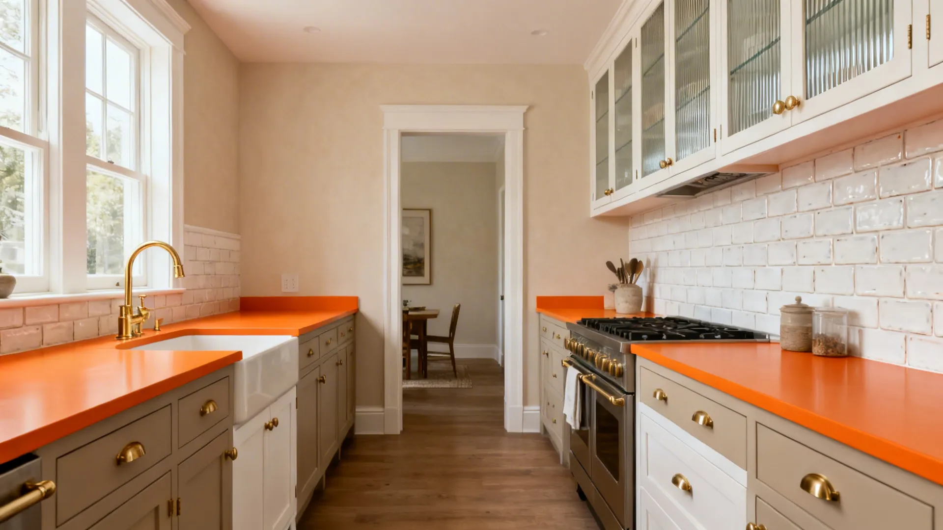 Galley kitchen with orange counters, warm white cabinets, and brushed brass hardware.