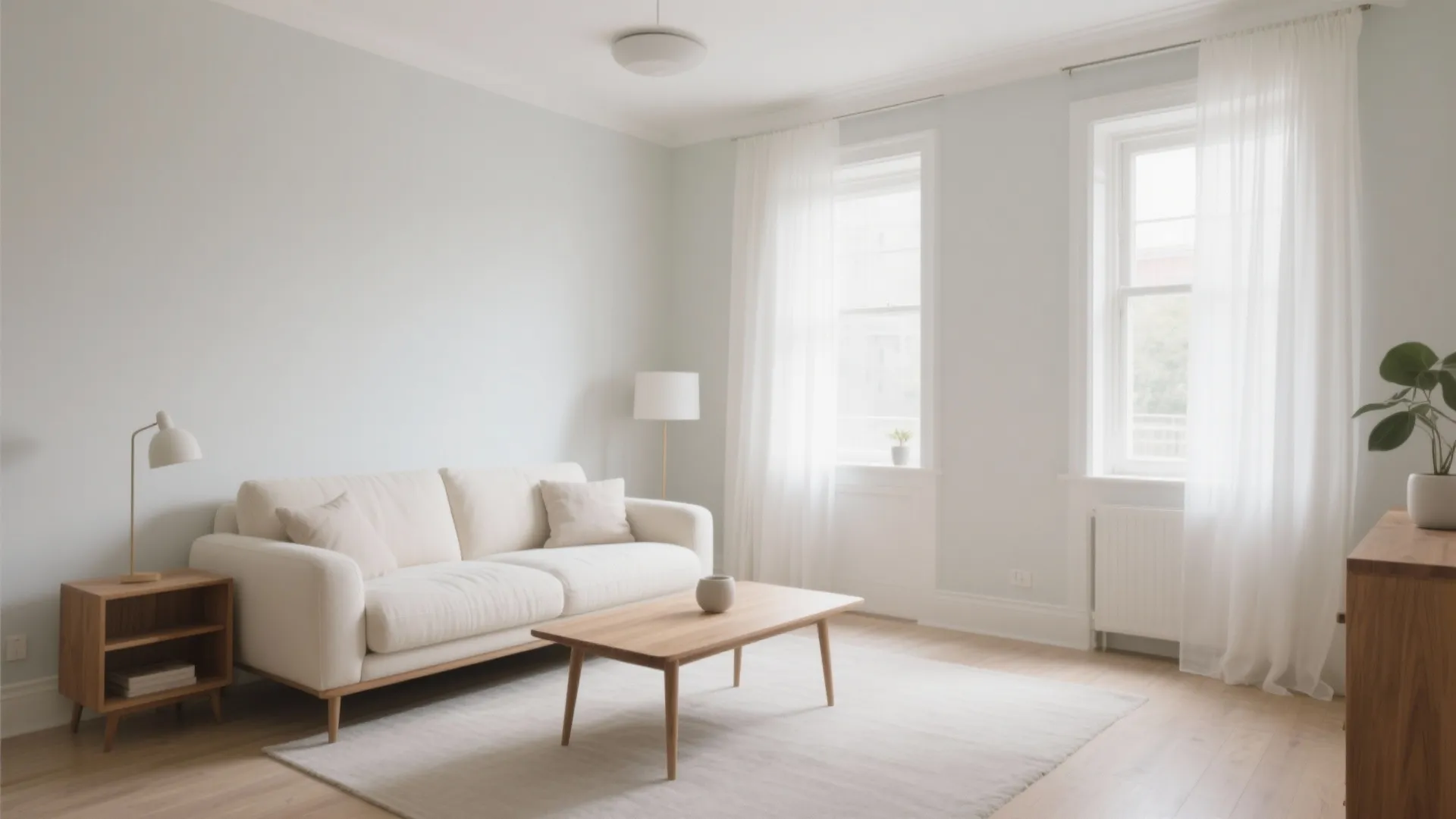 Minimalist living room with white sofa, wooden coffee table, floor lamp, and soft natural light