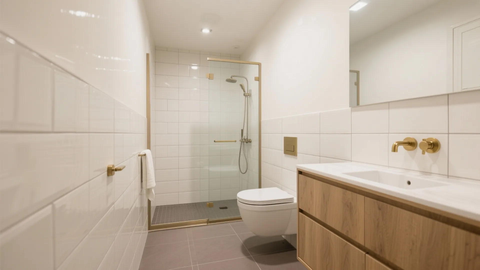 Minimalist bathroom interior with glass shower door white toilet wood cabinet and gold metal fixtures