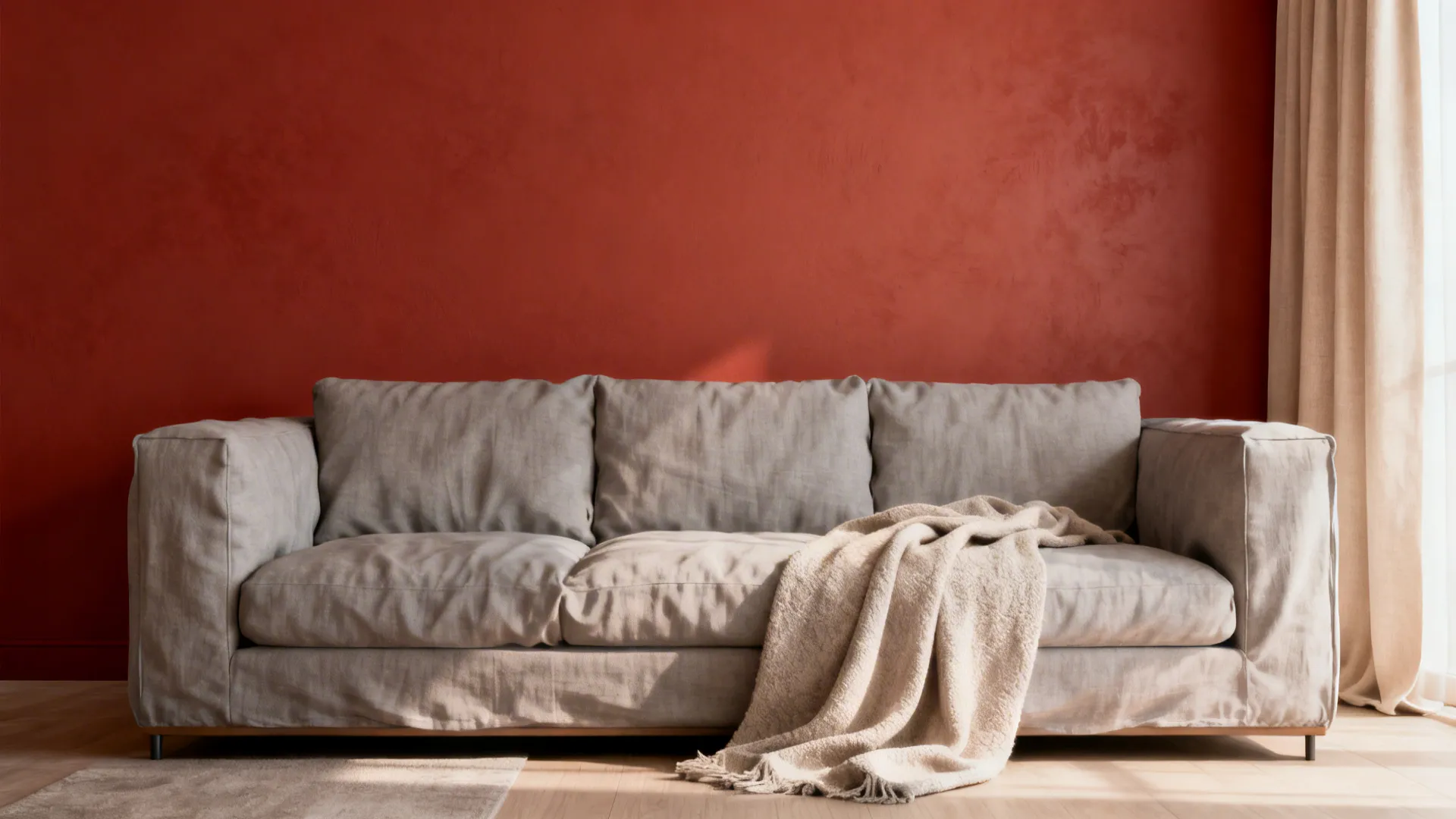 Pale gray sofa and light curtains paired with a terracotta red accent wall for a calming contrast.