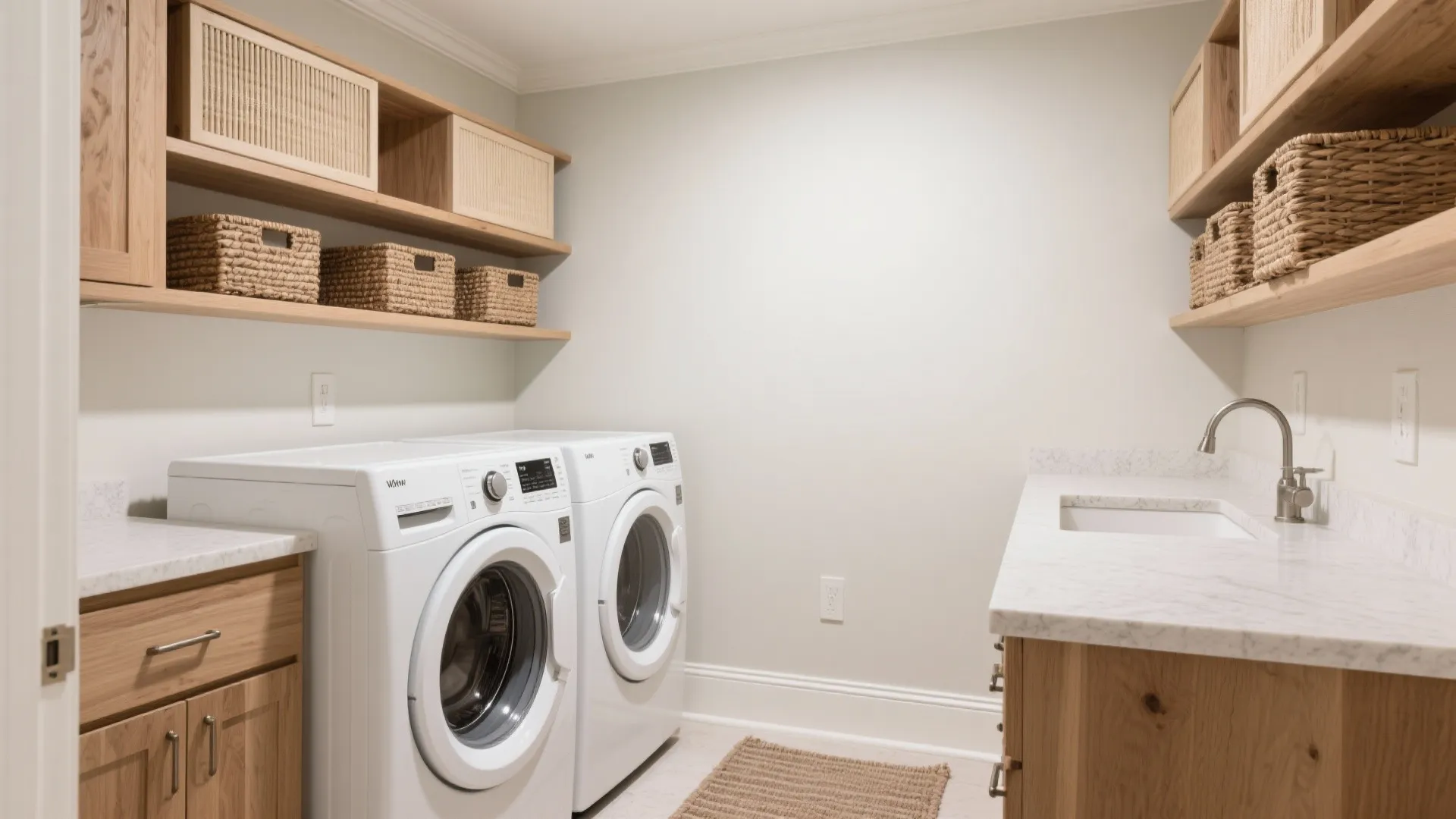 Bright laundry room with wood shelves wicker baskets two white washing machines and marble countertop