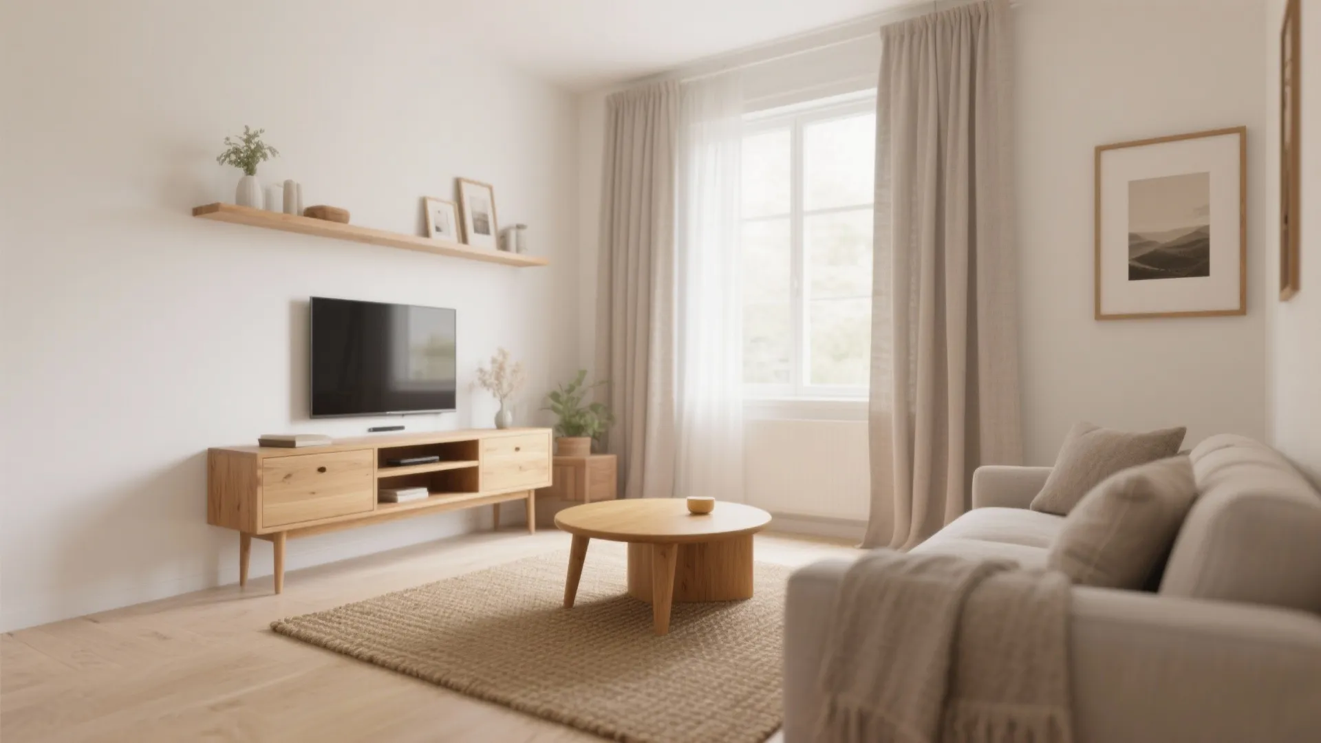 Minimalist living room with wooden furniture television stand coffee table grey sofa and beige curtains