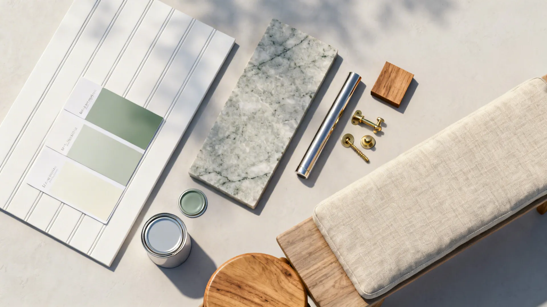 Top-down flat lay of beadboard, paint swatches, honed stone, and mixed-metal hardware.
