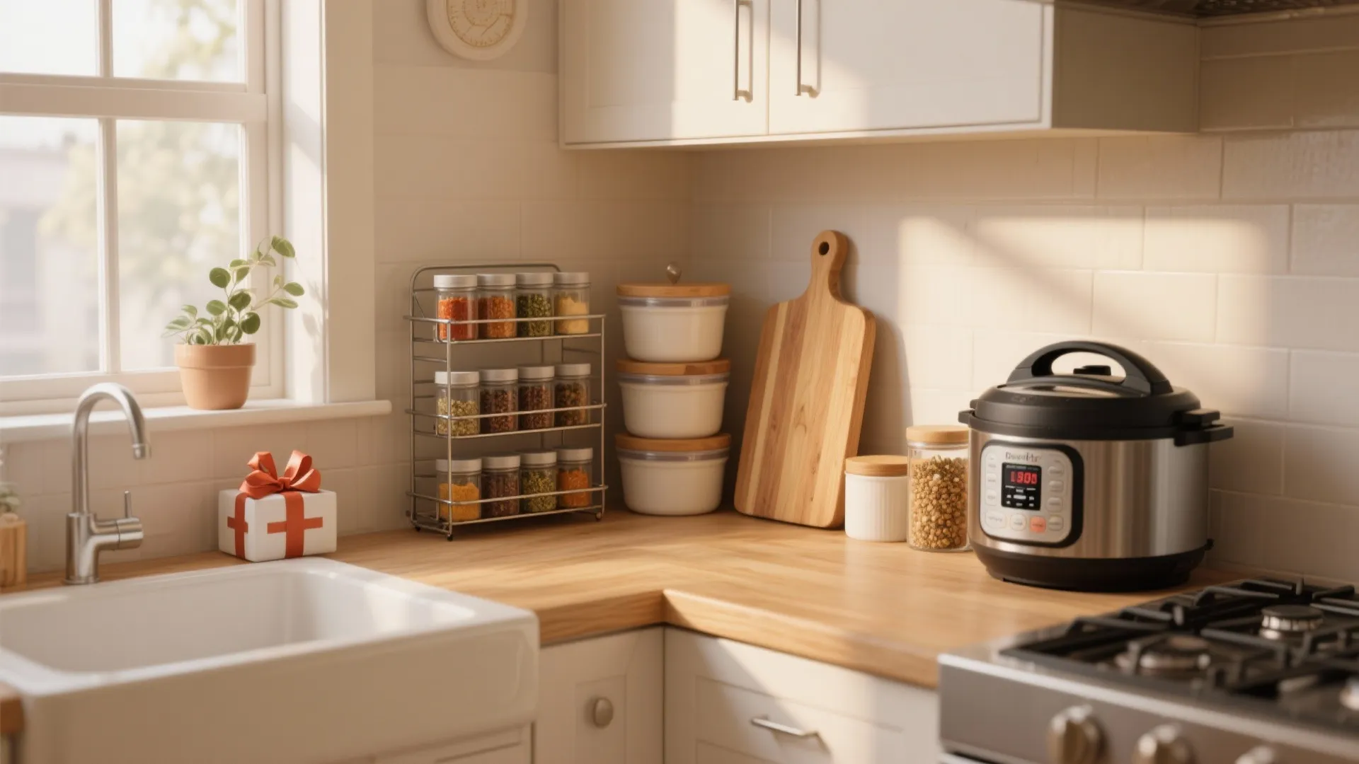 Modern kitchen counter featuring a pressure cooker spice rack wooden cutting board and gift box