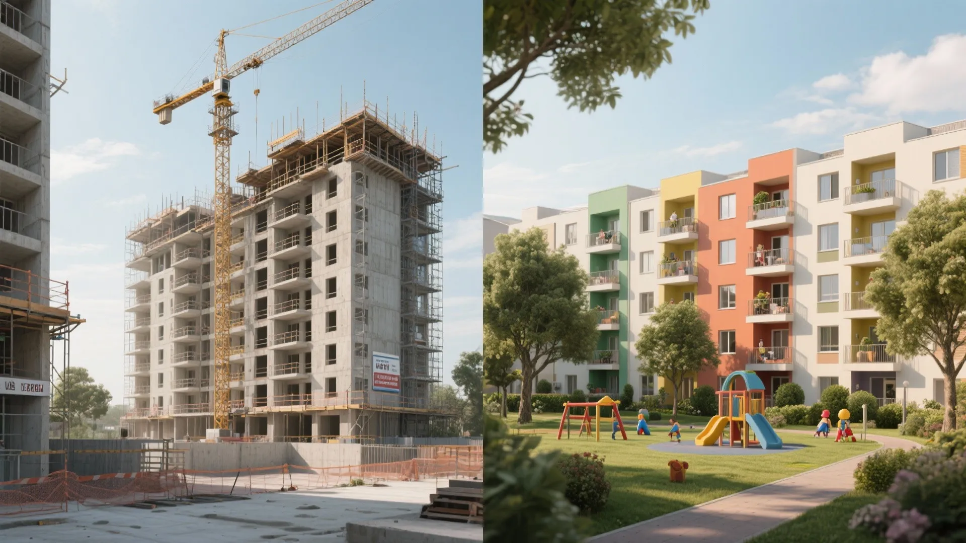 Side by side comparison of a building under construction and a finished colorful apartment complex