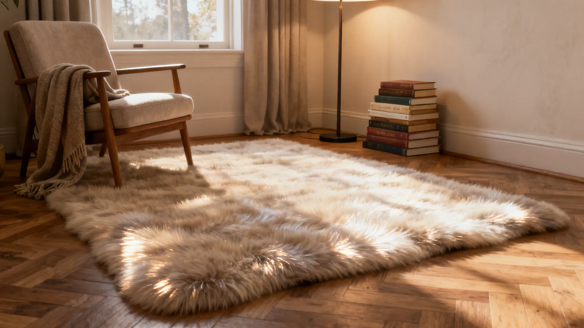 Reading nook with a lustrous New Zealand wool rug, armchair, and warm lighting.