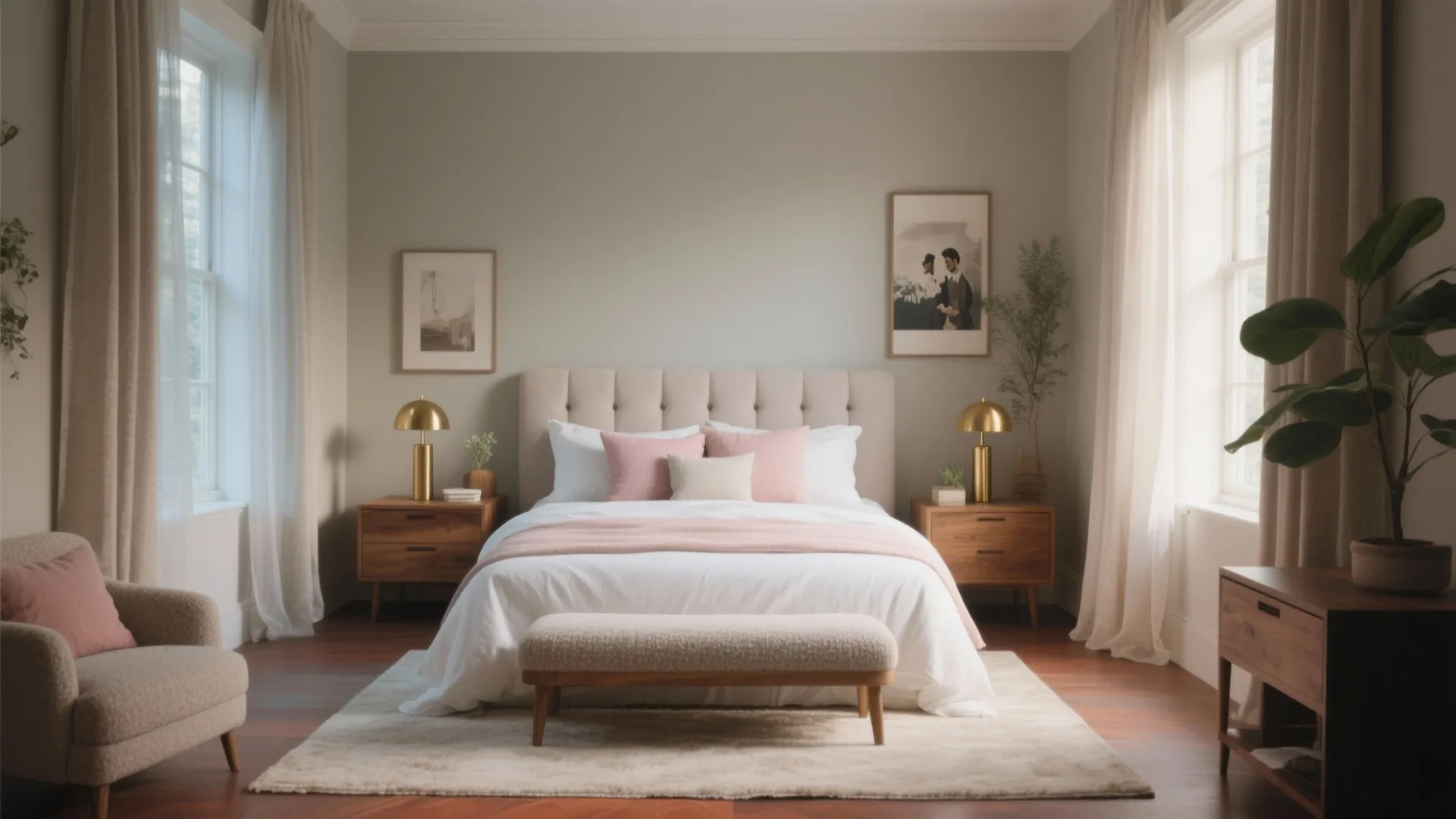 Symmetrical bedroom interior design with green walls pink pillows wooden bedside tables and gold table lights