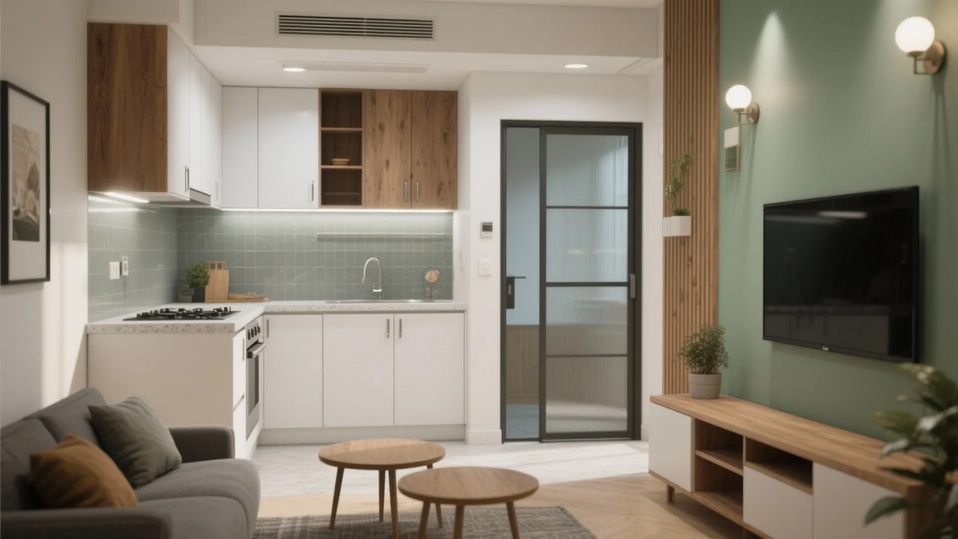 Small open apartment interior with kitchen white cabinets wood wall panel sofa and round coffee tables