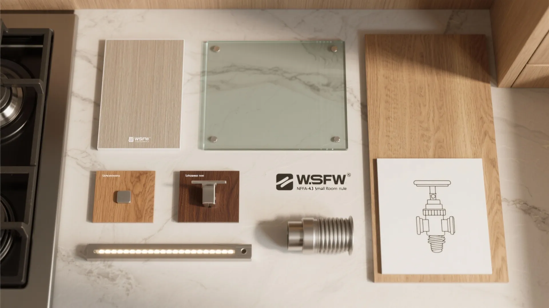 Interior design material board with wood samples glass tile metal parts and light fixture on marble