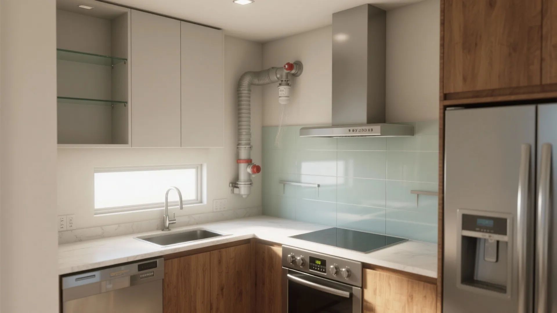 Modern small kitchen interior design with wood cabinets white countertops silver appliances and blue tiles