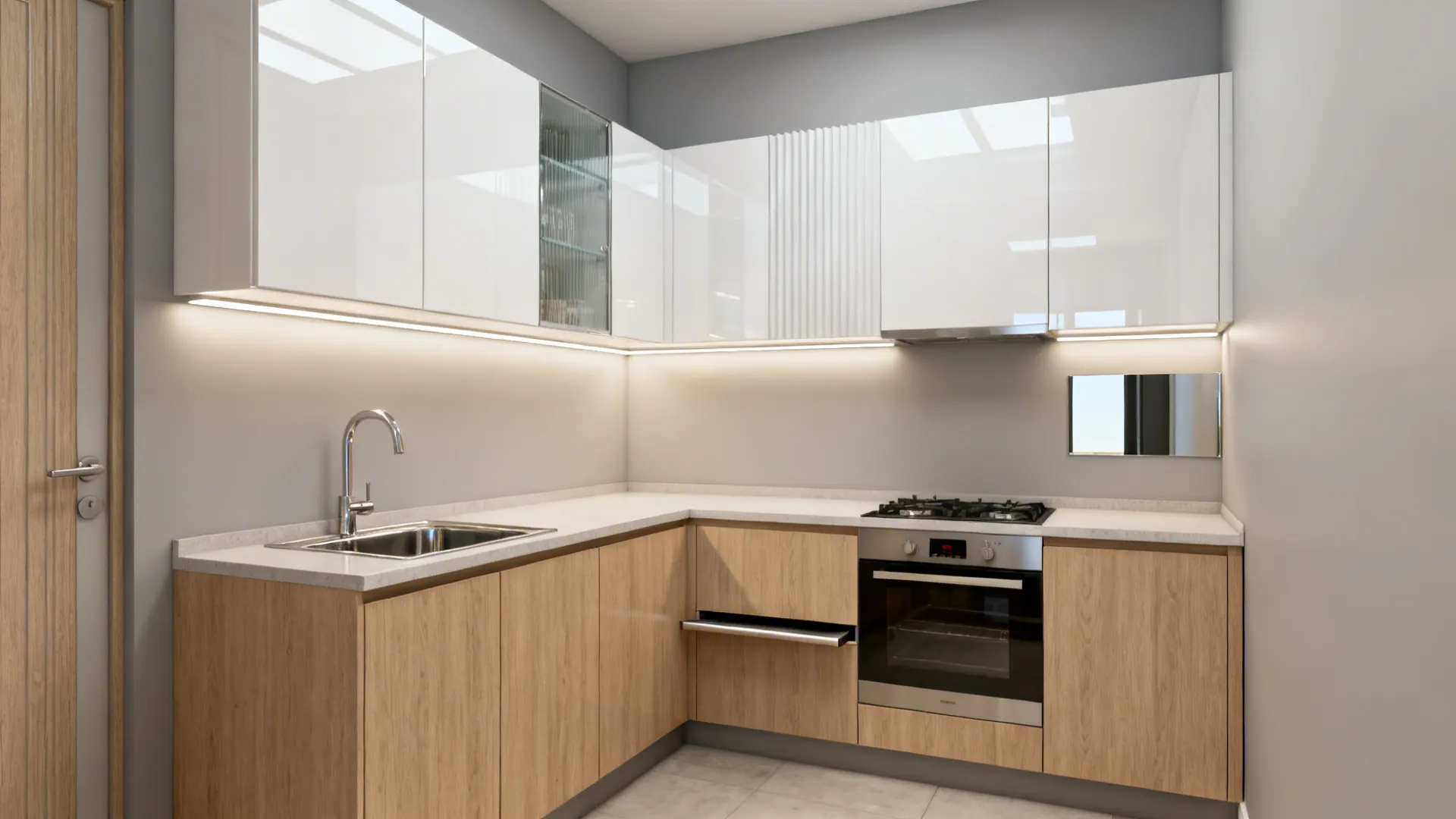 Modern kitchen design featuring white upper cabinets under cabinet lighting wooden lower cabinets and sink