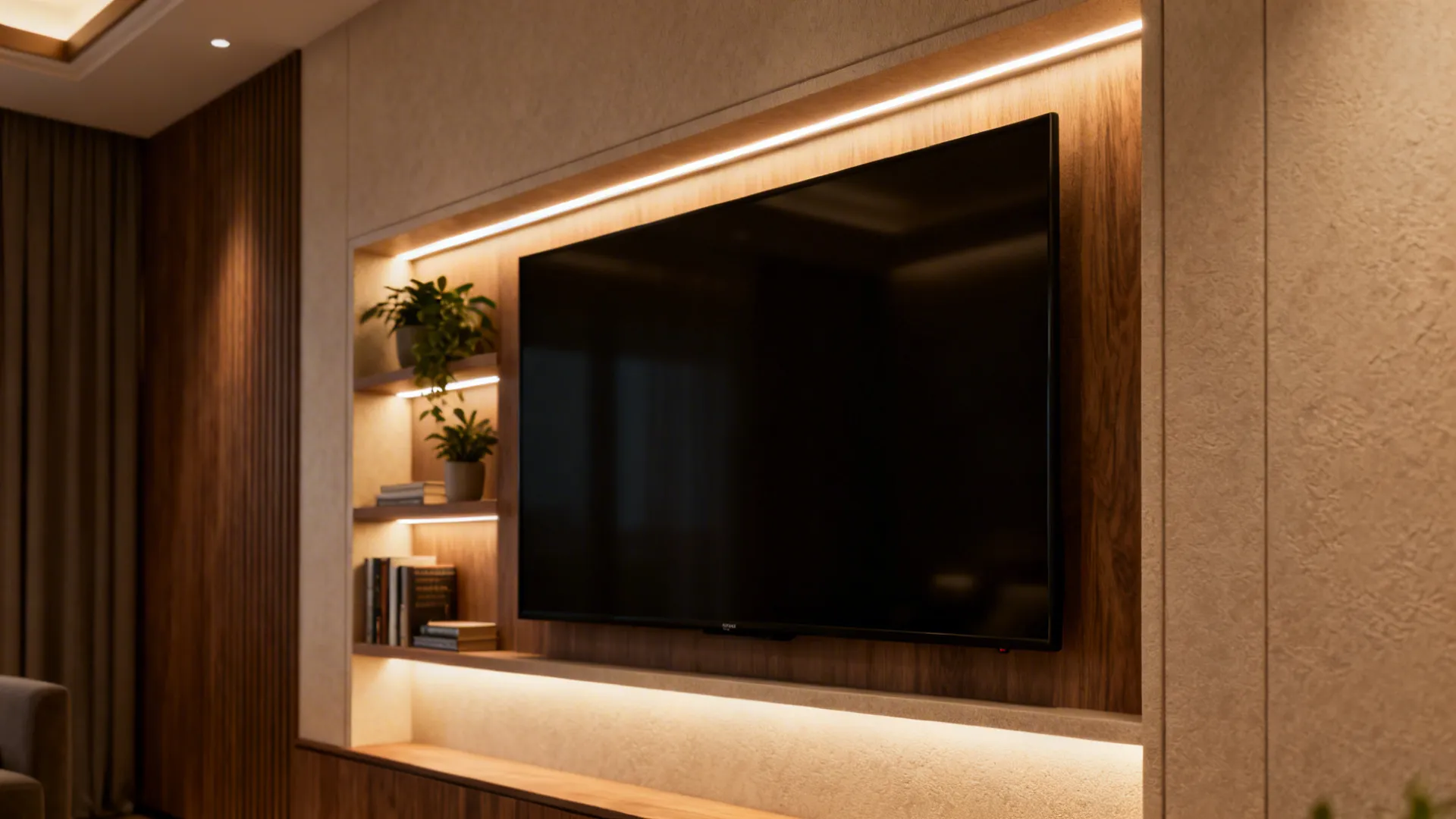 Recessed TV niche with LED accent lighting, shelves with plants and books, and textured materials.