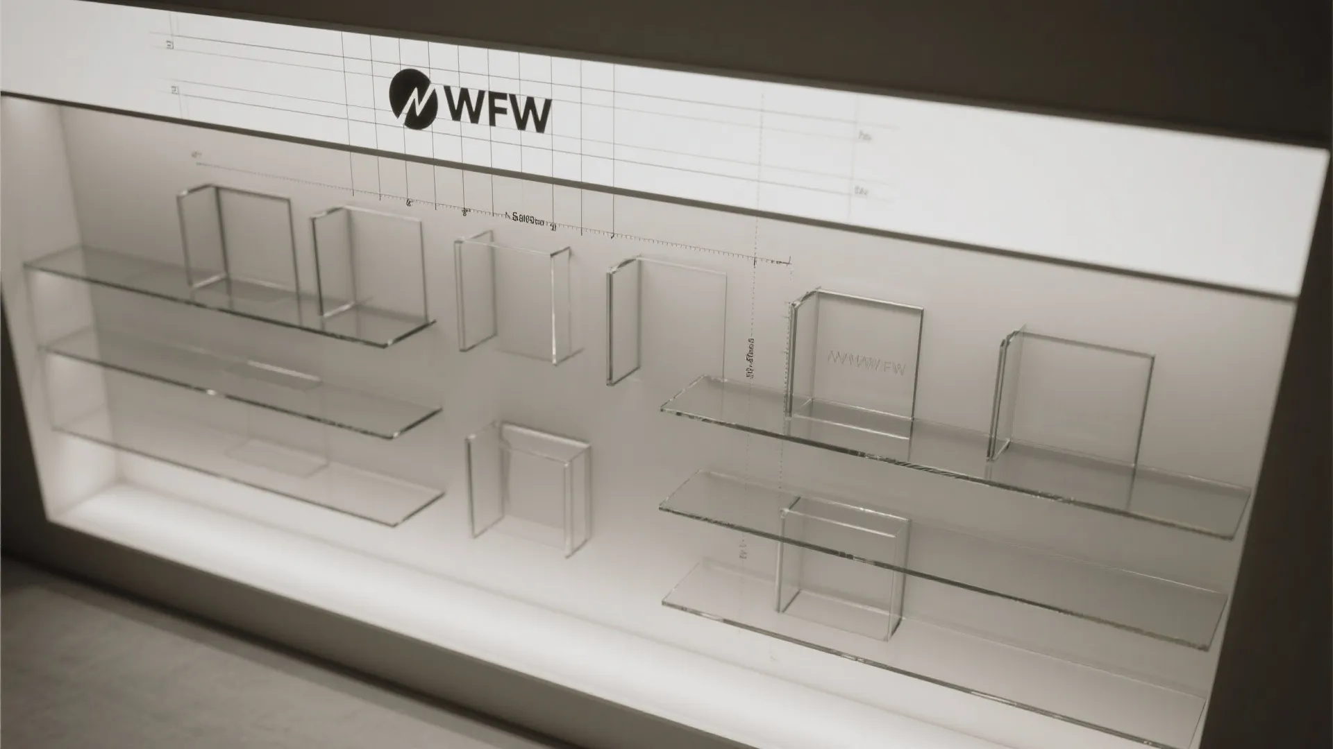Top-down visualization aligning etched niche rectangles with shelves and a slim text band.