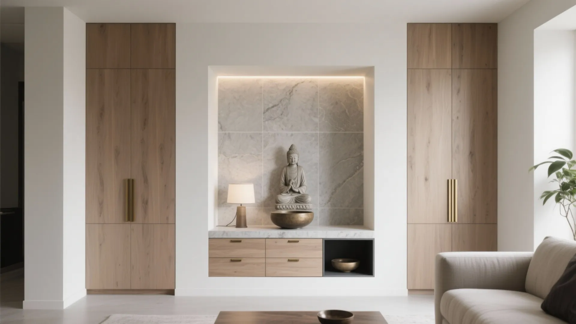 Minimalist altar wall with hidden storage