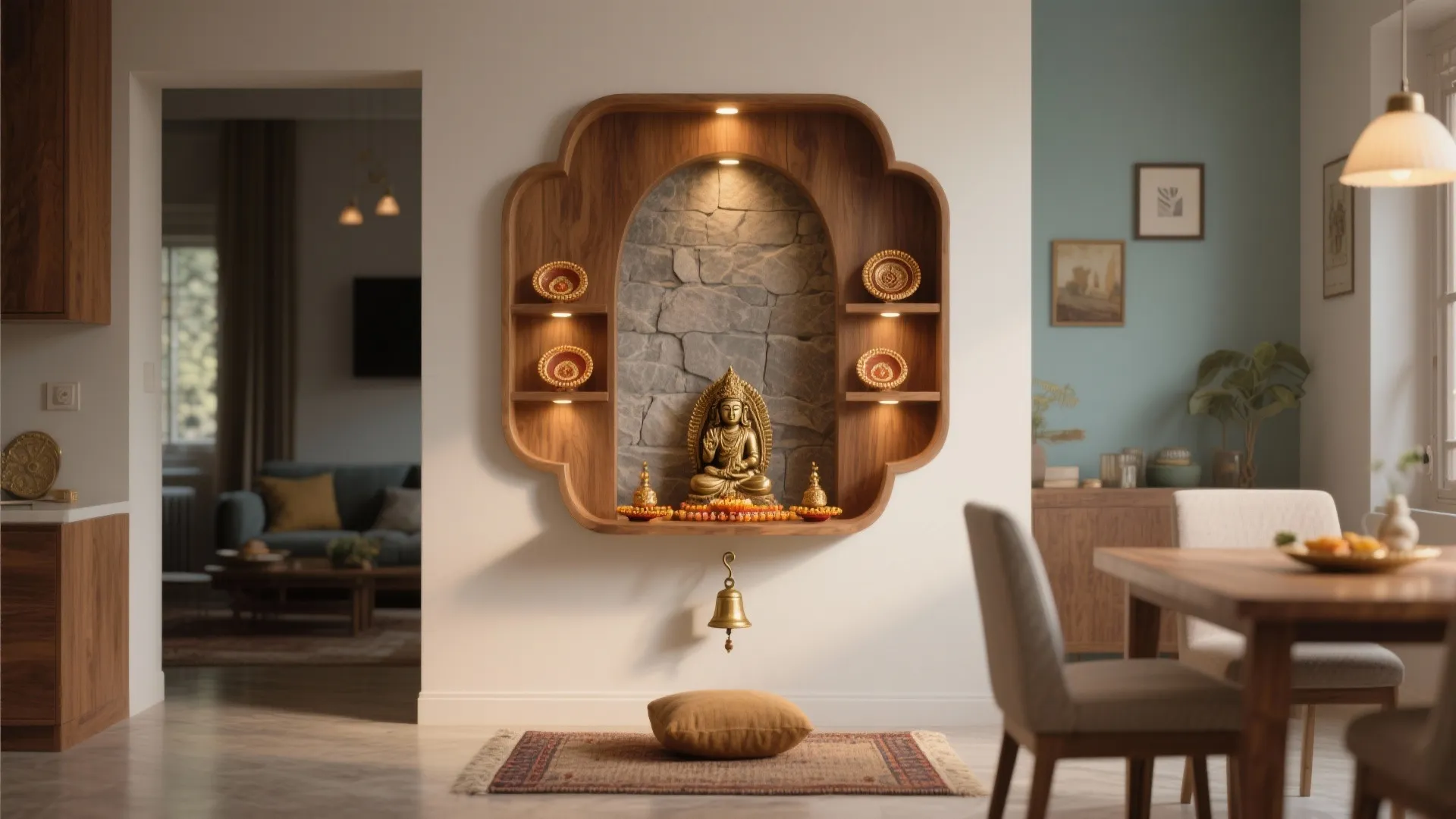 Niche Pooja Unit in a Living–Dining Transition