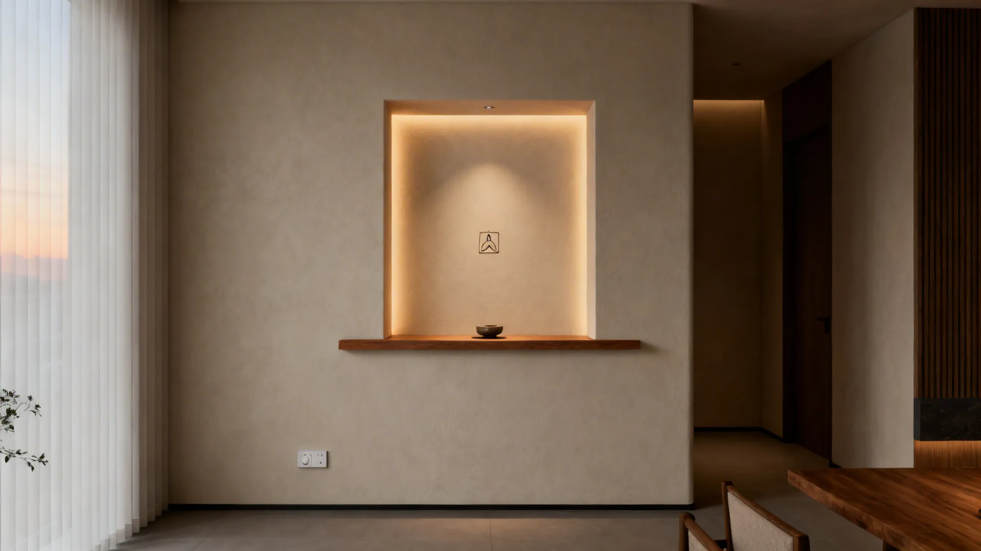 Slim recessed niche with a warm LED backlight and a small altar ledge in a modern living room.