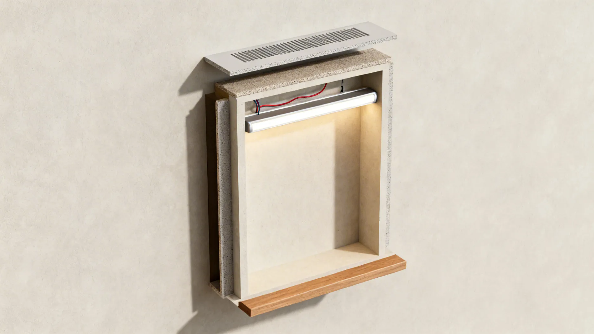 Top-down view showing layers of a recessed niche altar with LED channel and wiring.