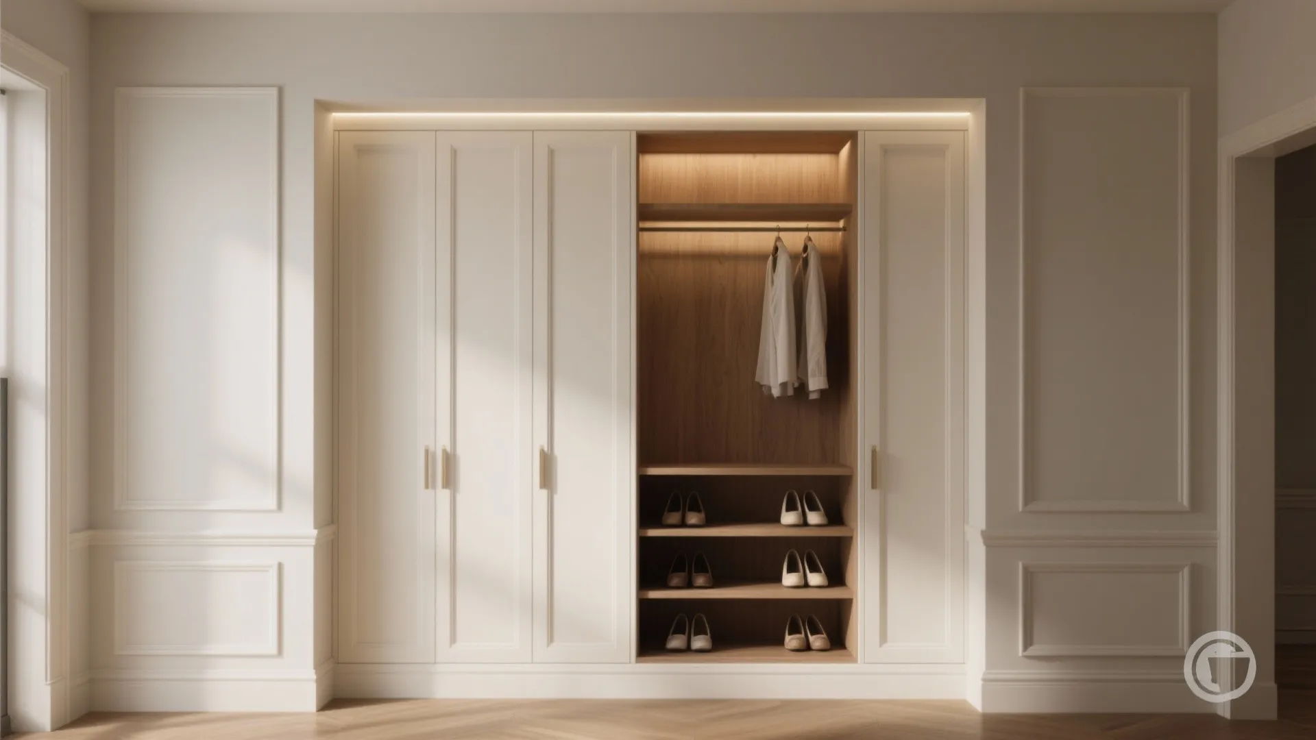 Armoire installed flush in a shallow niche with trim, providing full-height storage without using extra floor space.