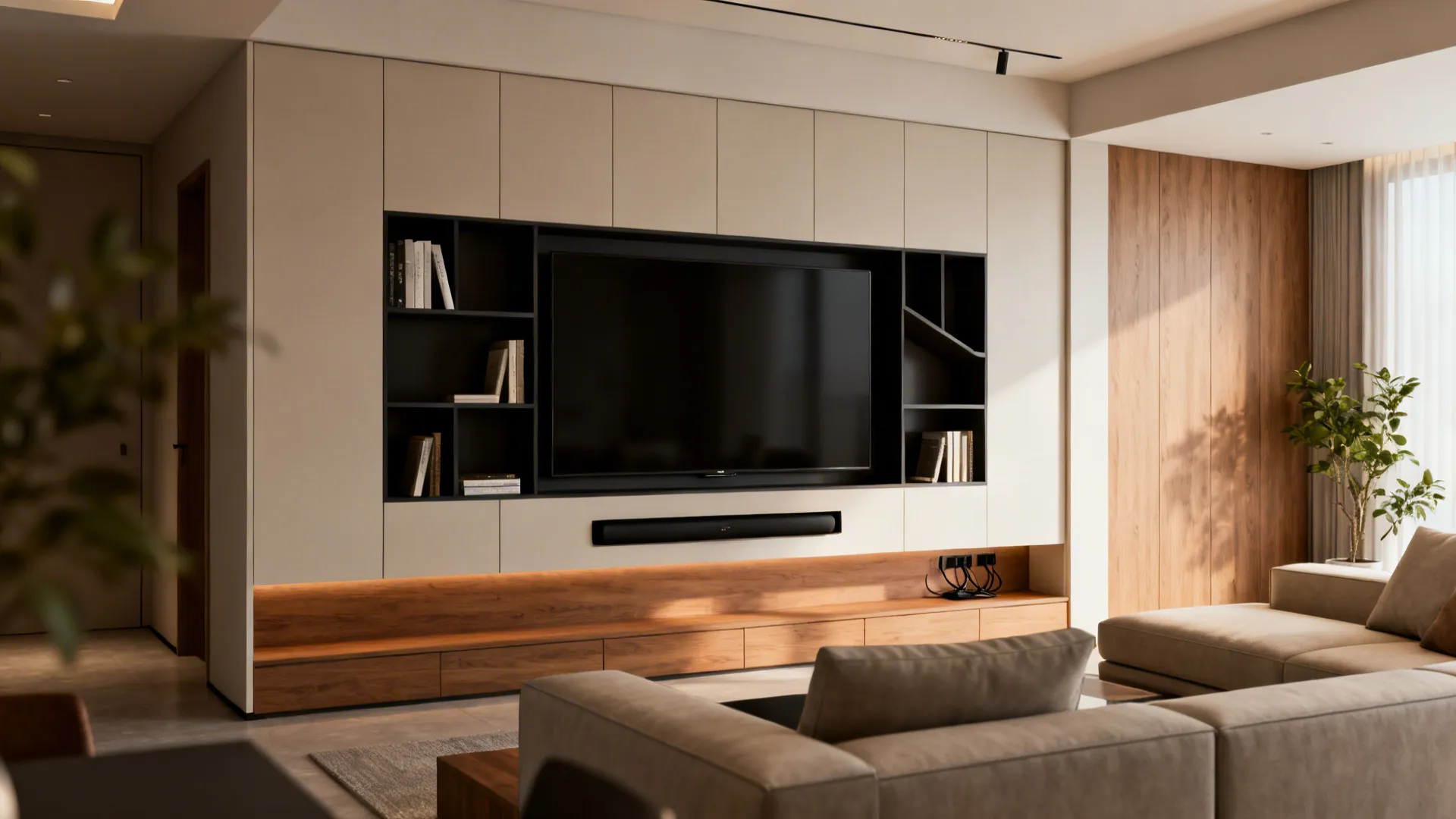 Recessed TV niche with asymmetrical shelves, mixed open and closed storage, and tidy cable management.
