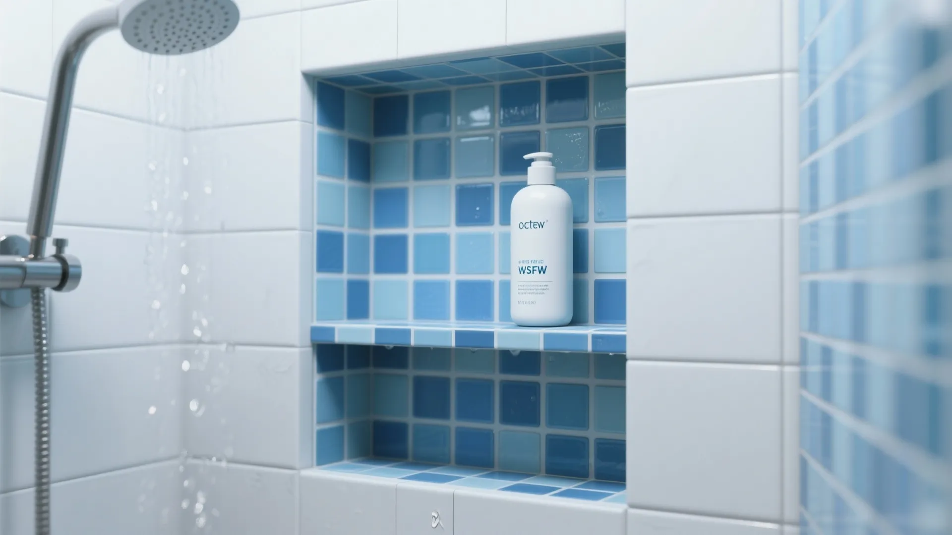 Shower niche backed with blue mosaic tiles and a built-in shelf with toiletries