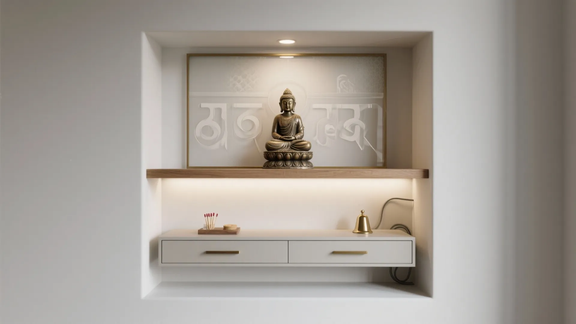 Recessed wall niche with Buddha statue on wooden shelf above white cabinet with warm light