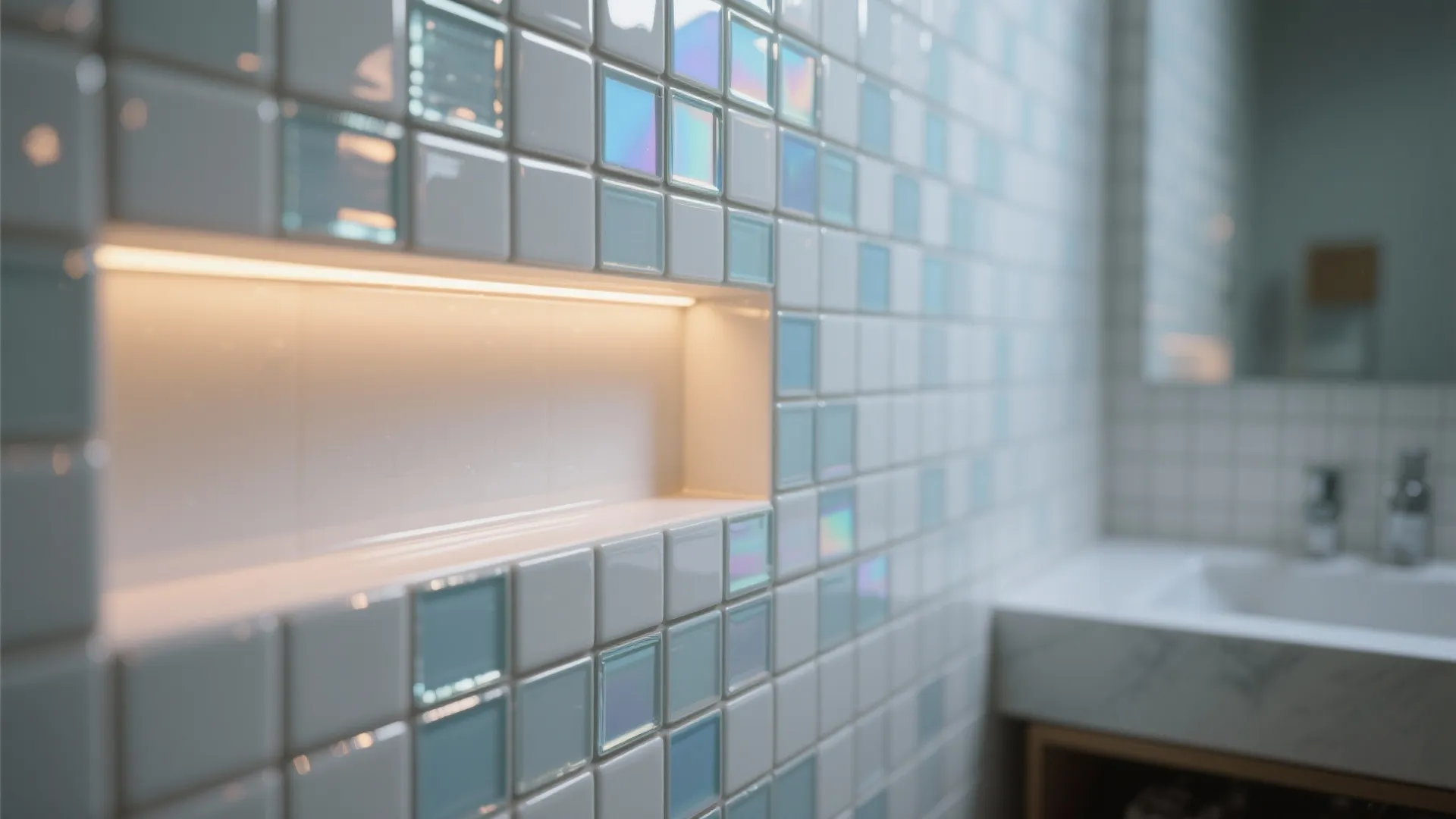 Close up of wall shelf with warm light fixture, blue glass tiles, and white sink